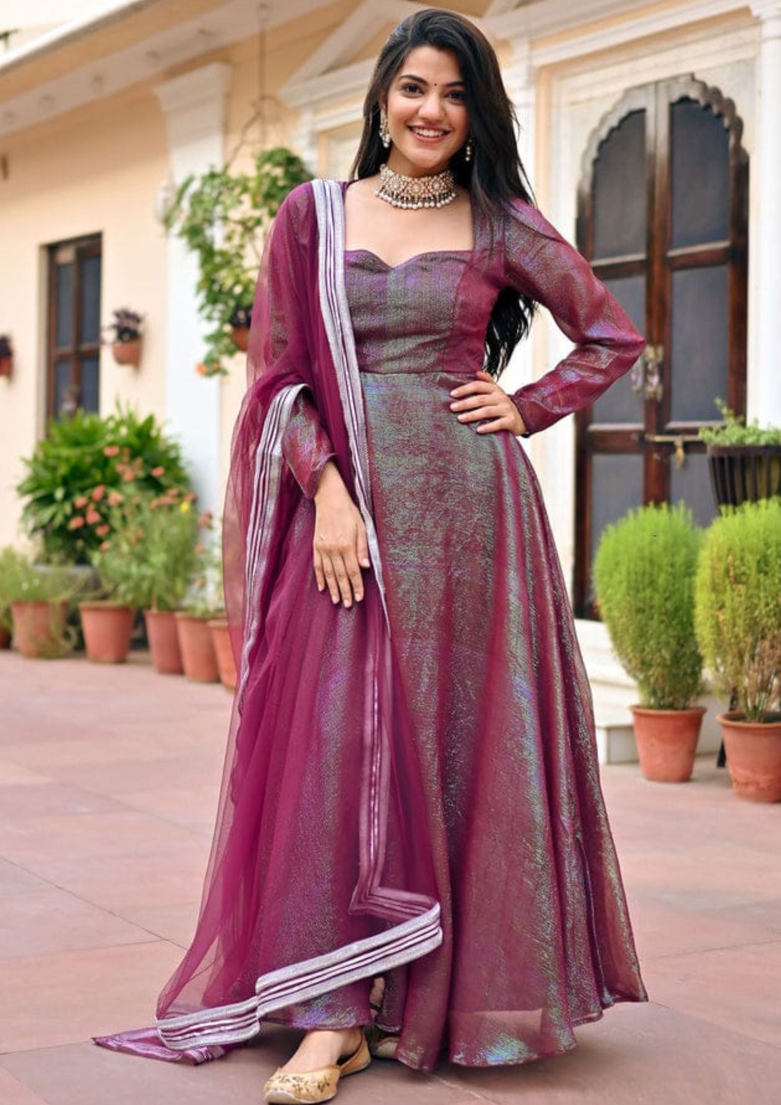 Shimmer Fabric Plain Anarkali Gown