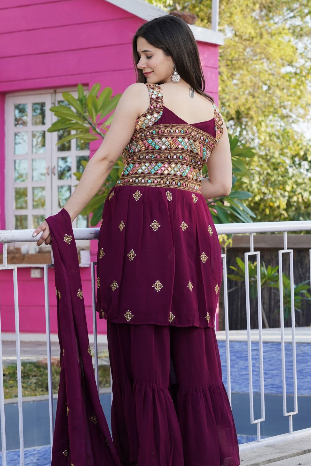 Ready made Purple color Embroidered Sharara Suit Set