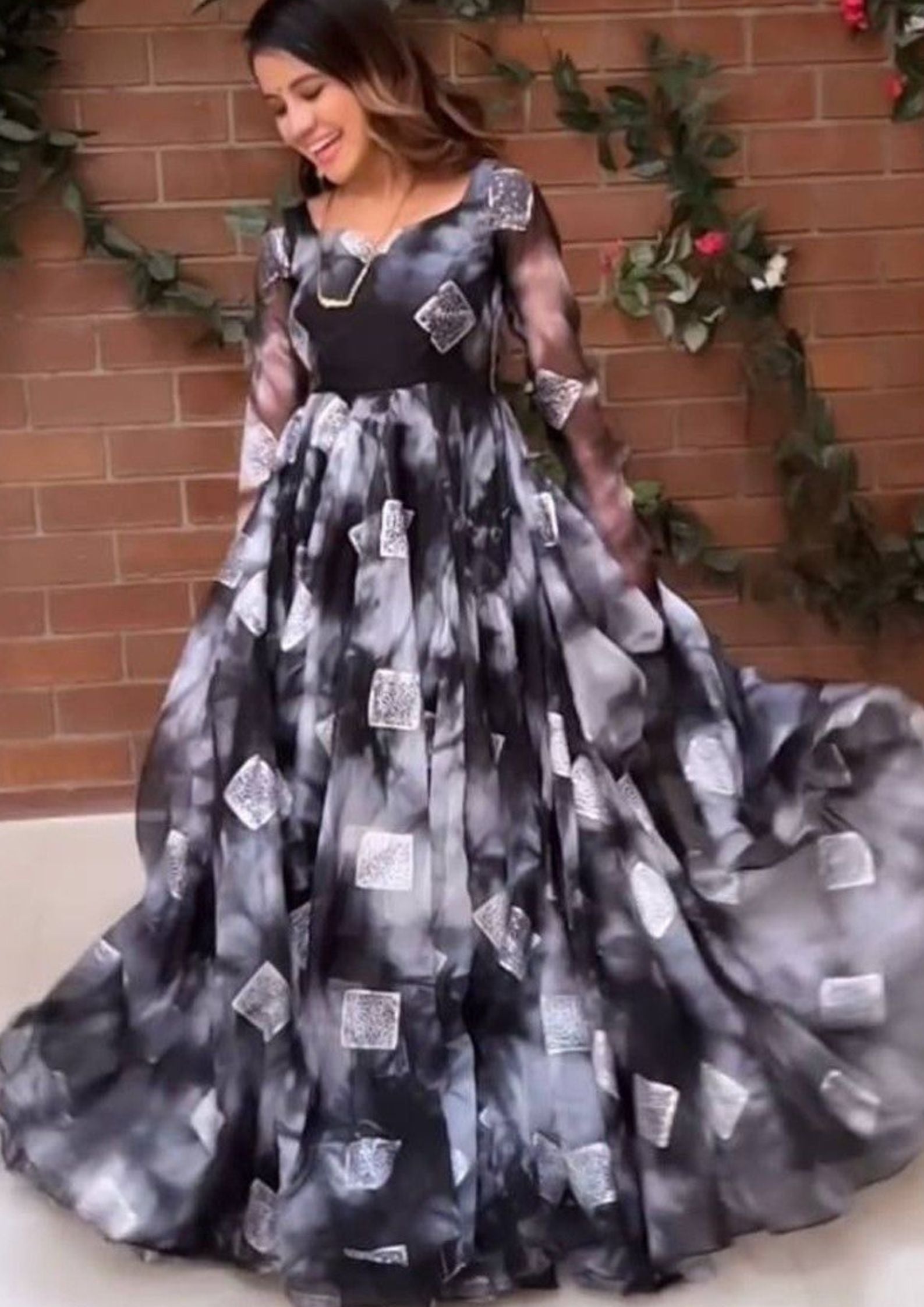 Black Color Designer Square Digital Print Gown