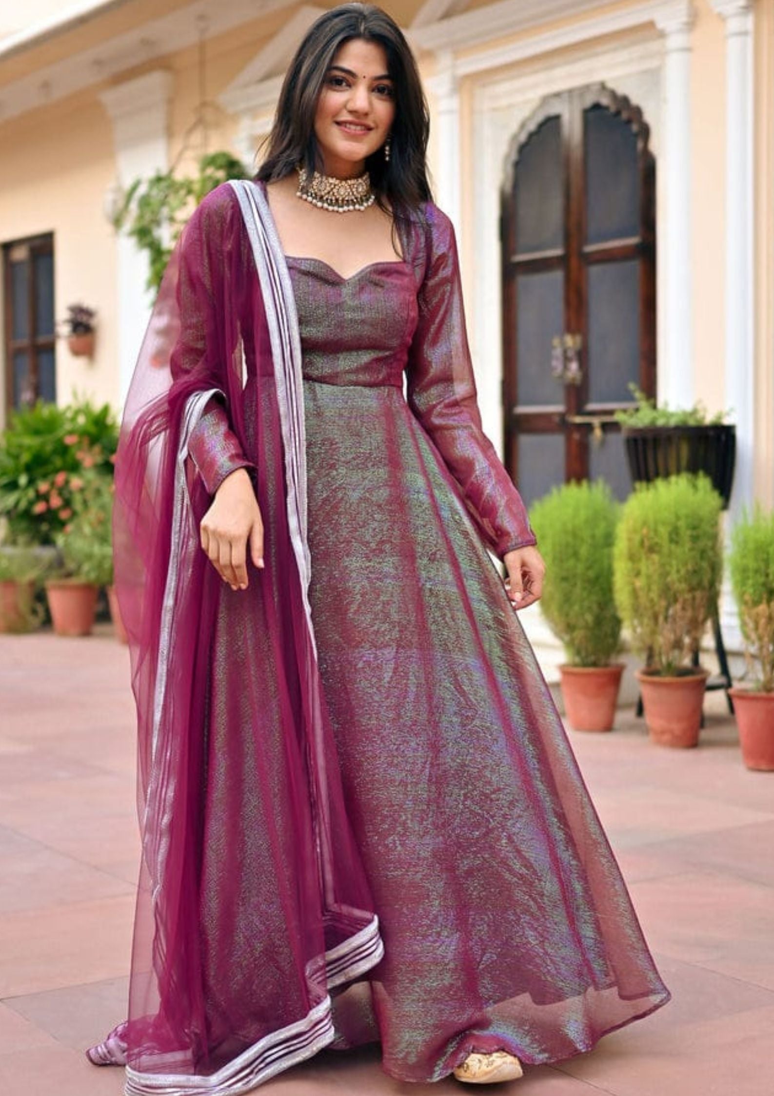 Shimmer Fabric Plain Anarkali Gown
