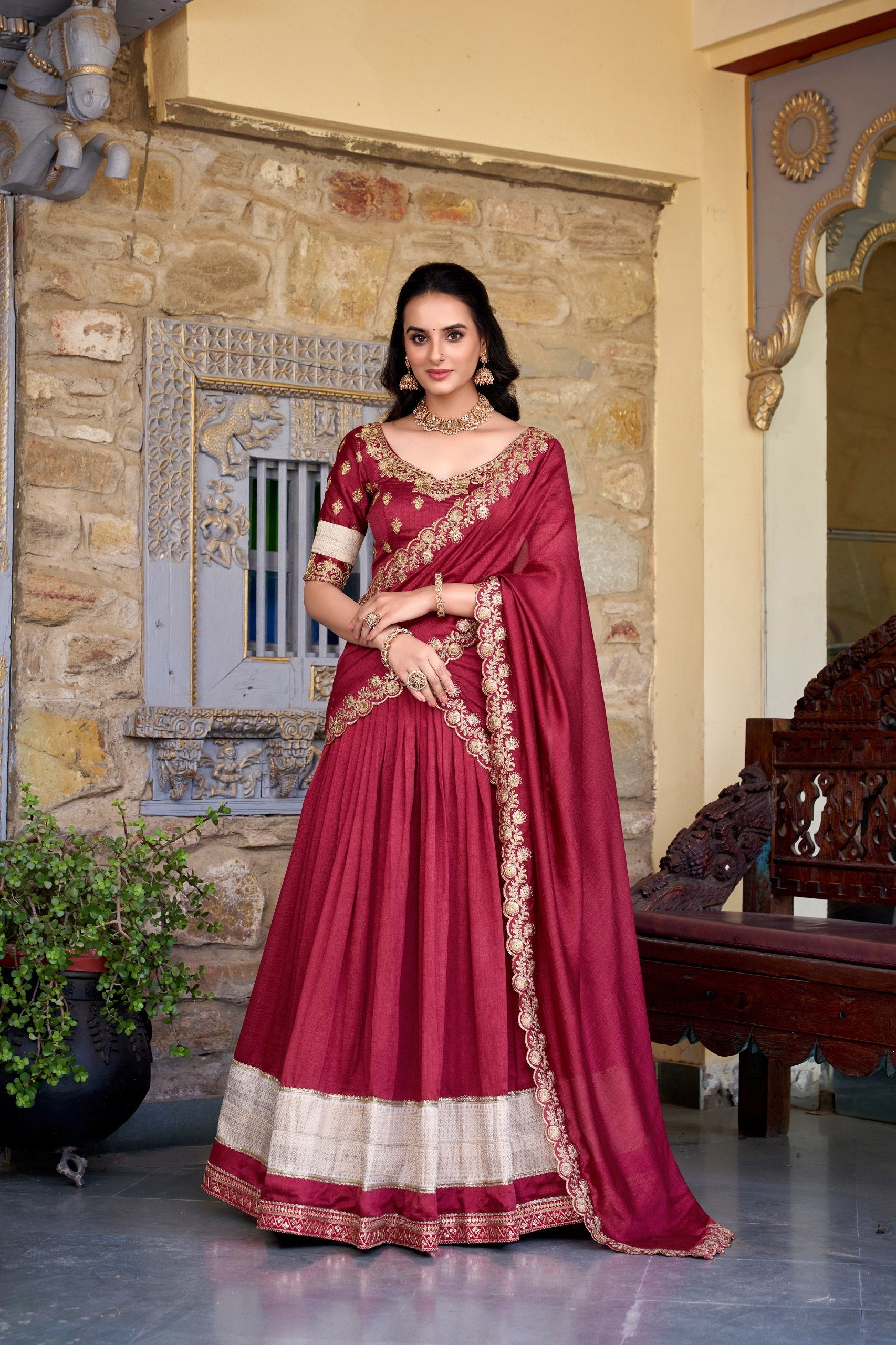 Embroidery Work With Border Lace Lehenga Choli Set