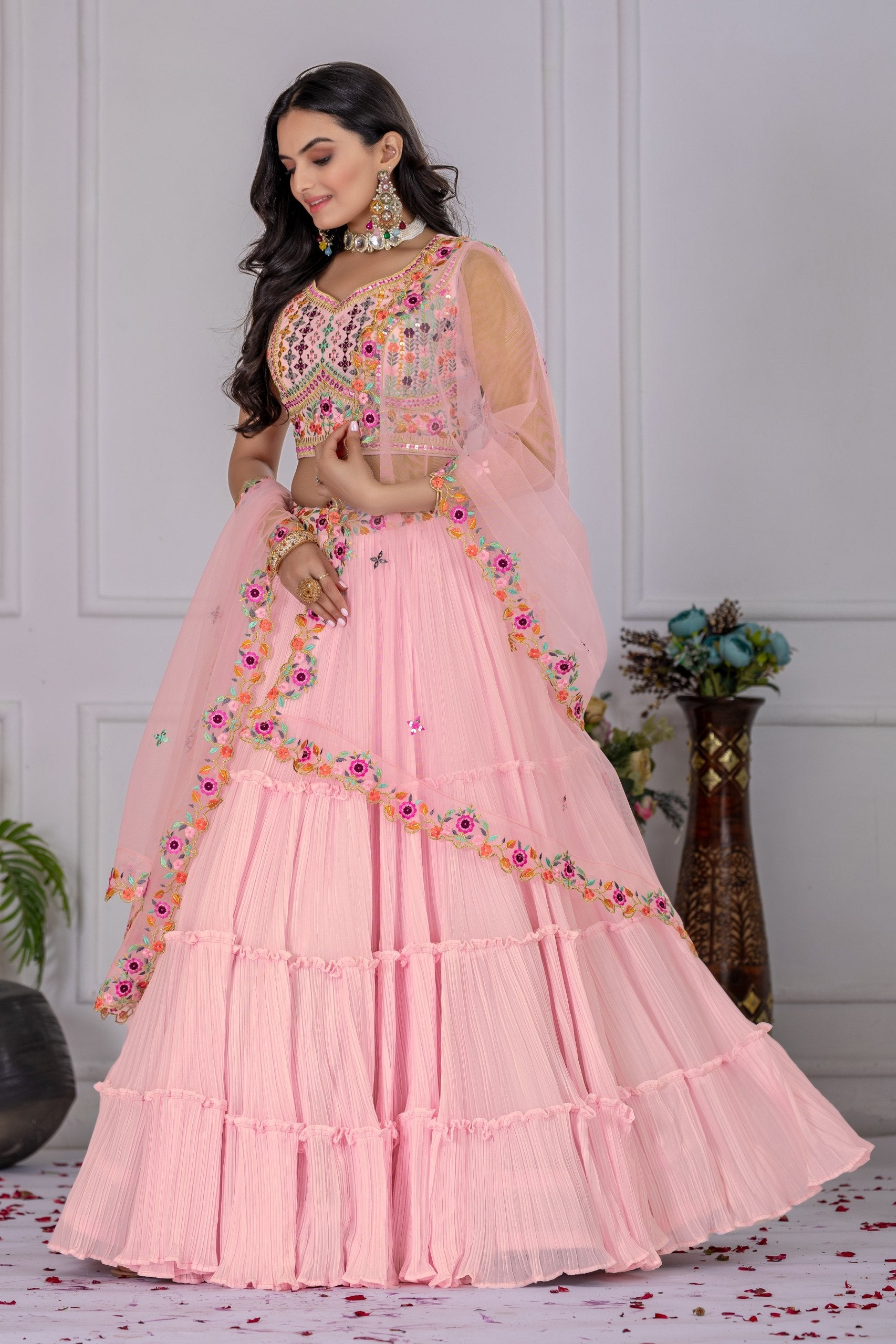 Pink Color Star Fox Georgette with crease work lehenga Choli