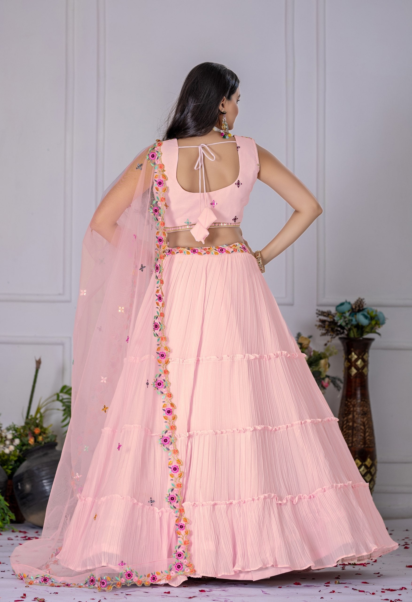 Pink Color Star Fox Georgette with crease work lehenga Choli