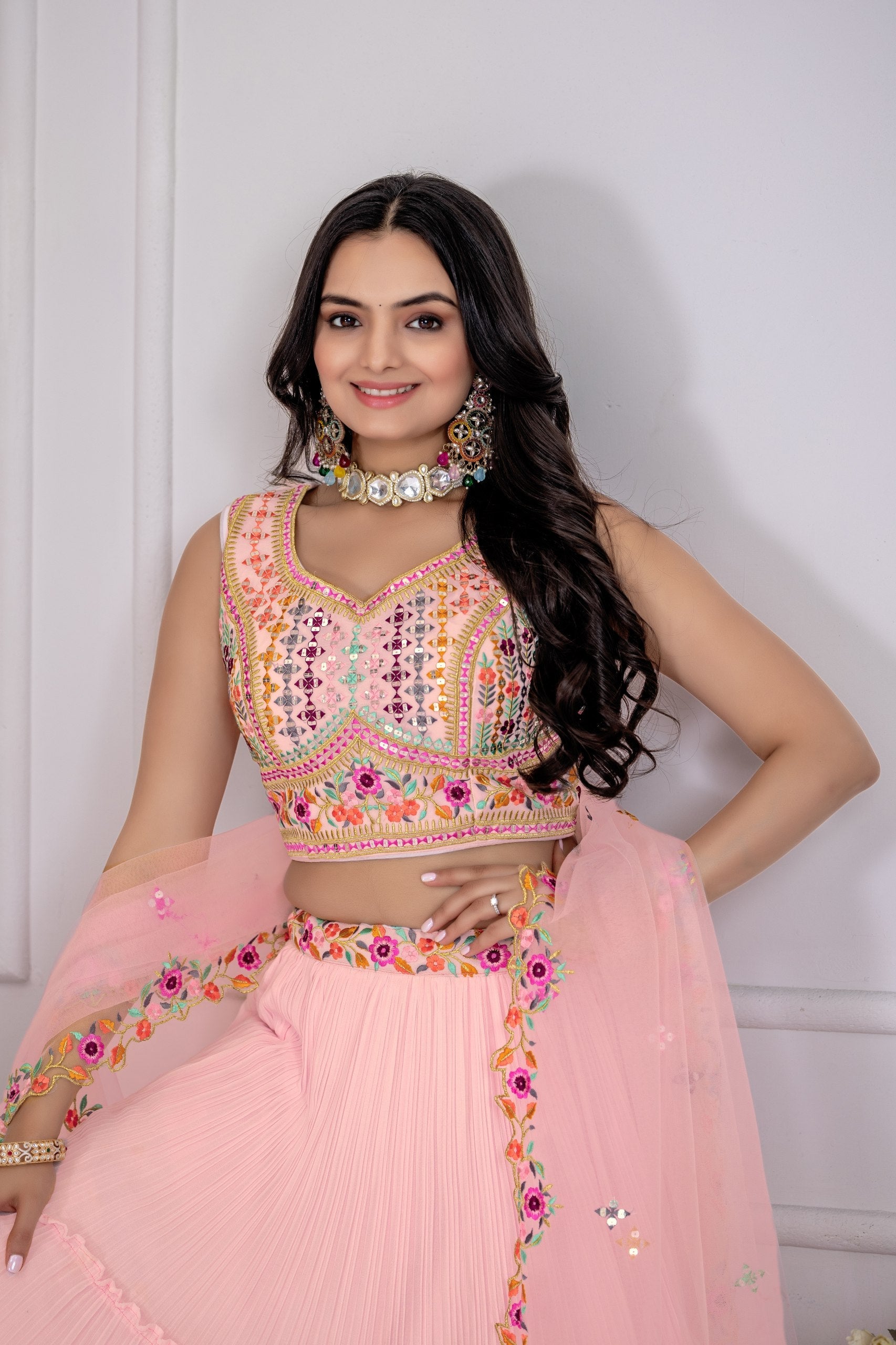 Pink Color Star Fox Georgette with crease work lehenga Choli