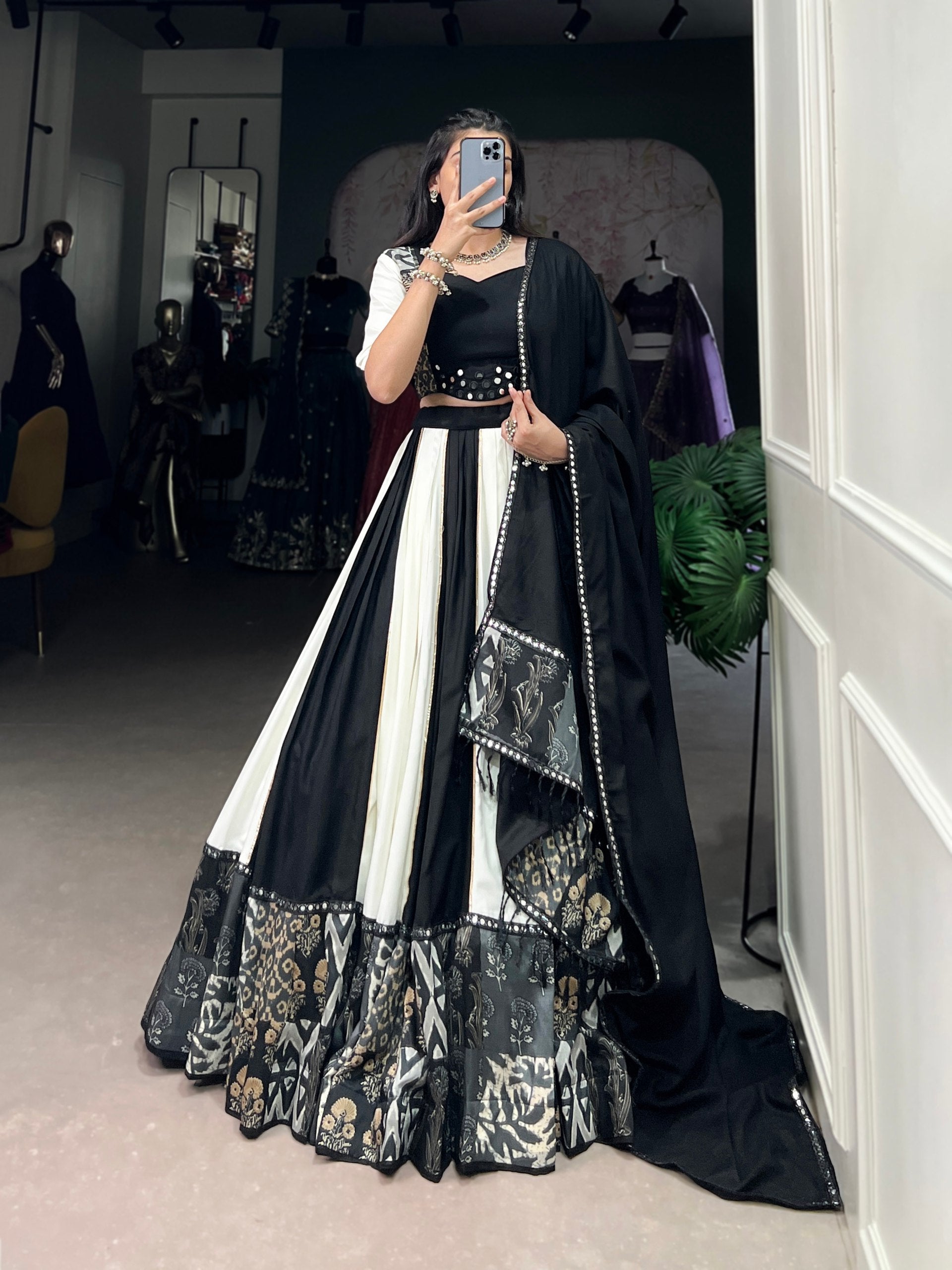 Pure Rayon Plain And Printed With Paper Mirror Work Lace Lehenga Choli