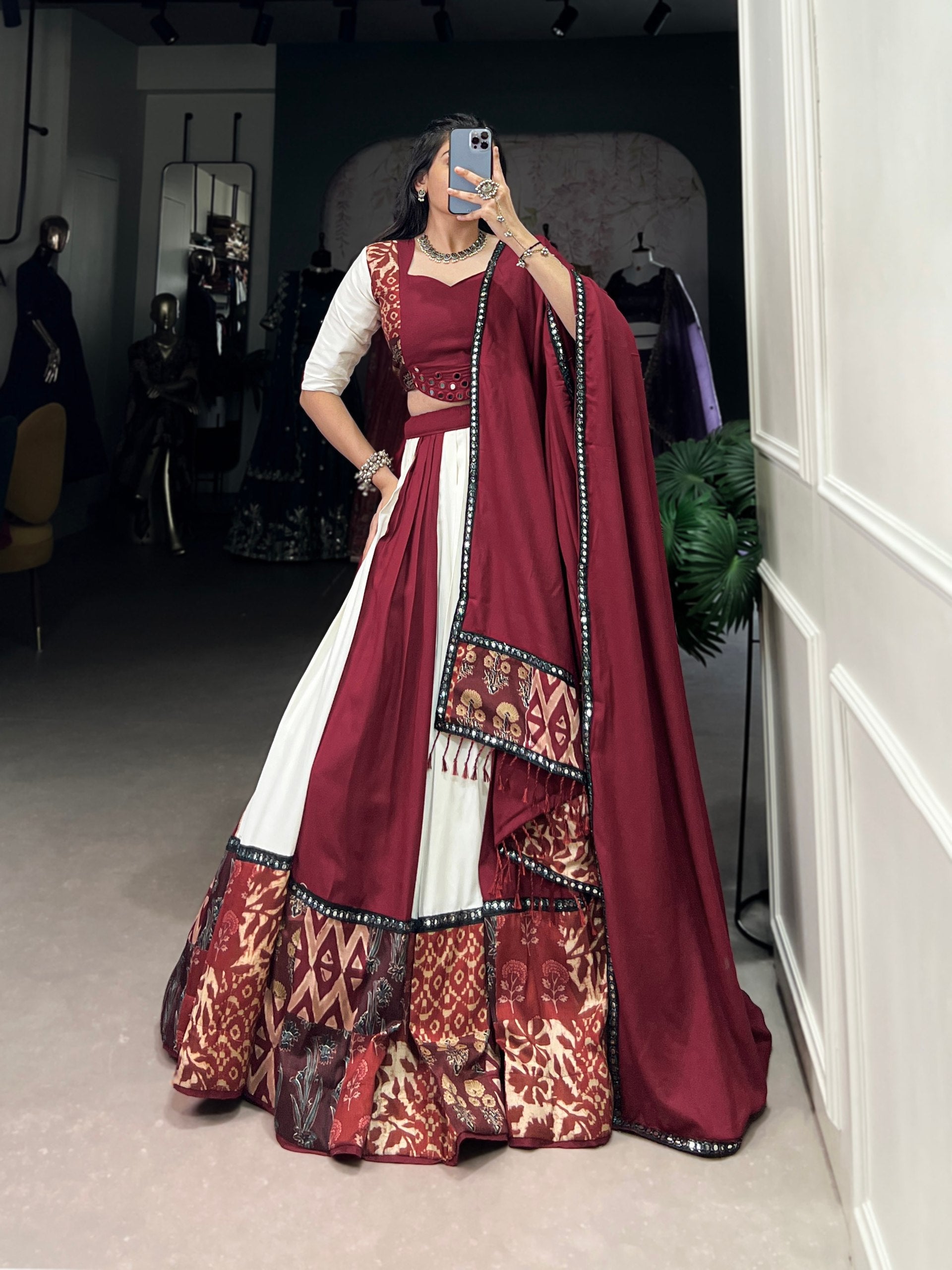 Pure Rayon Plain And Printed With Paper Mirror Work Lace Lehenga Choli