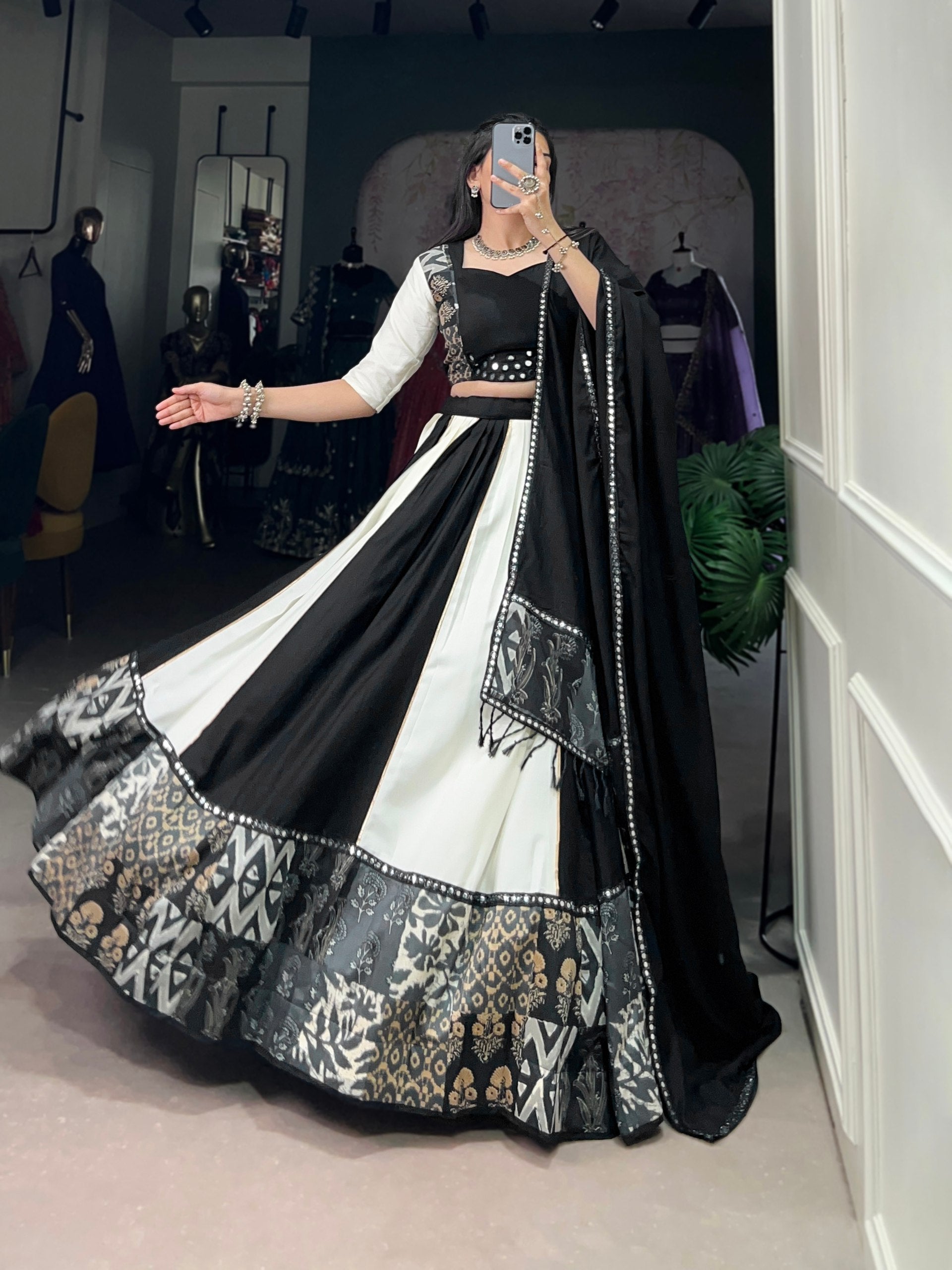 Pure Rayon Plain And Printed With Paper Mirror Work Lace Lehenga Choli