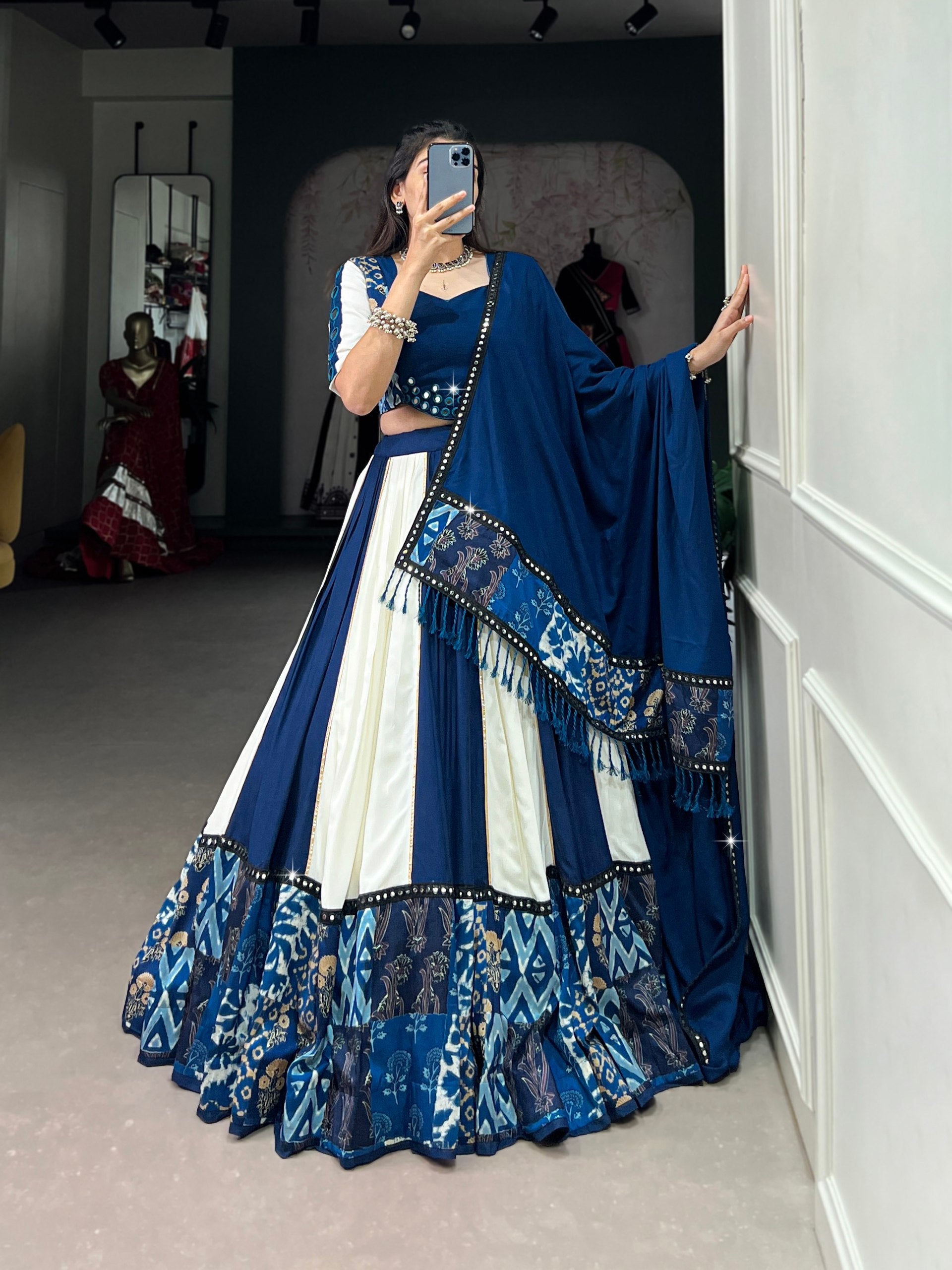 Pure Rayon Plain And Printed With Paper Mirror Work Lace Lehenga Choli