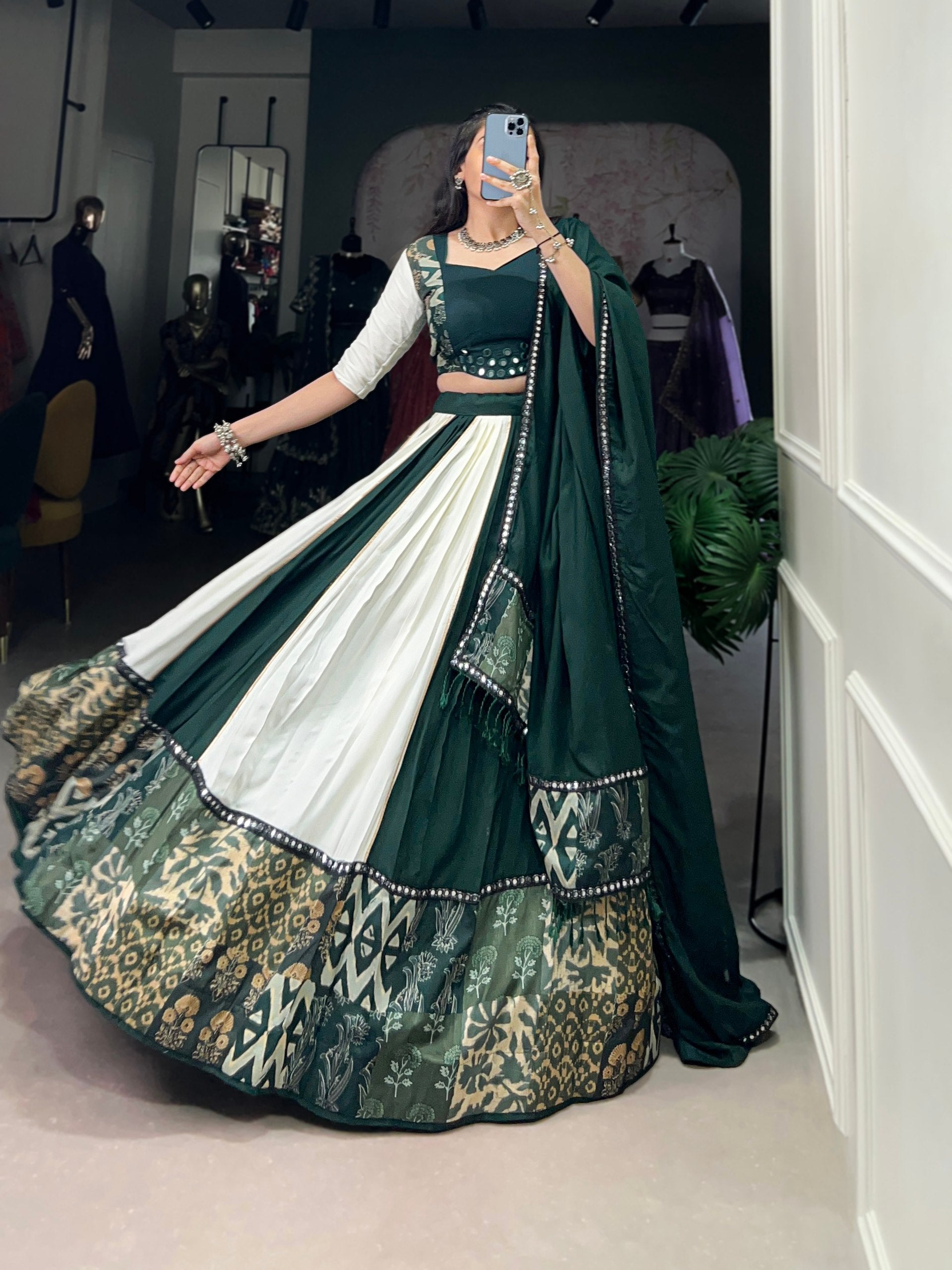 Pure Rayon Plain And Printed With Paper Mirror Work Lace Lehenga Choli