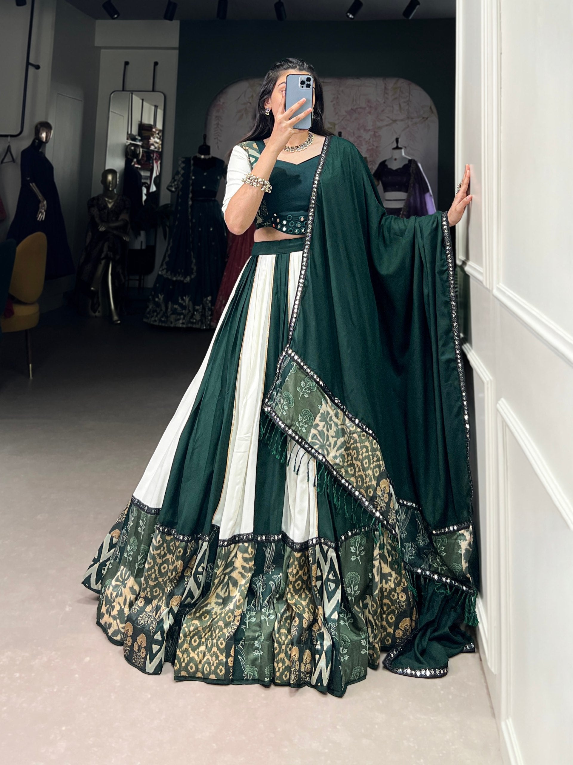 Pure Rayon Plain And Printed With Paper Mirror Work Lace Lehenga Choli