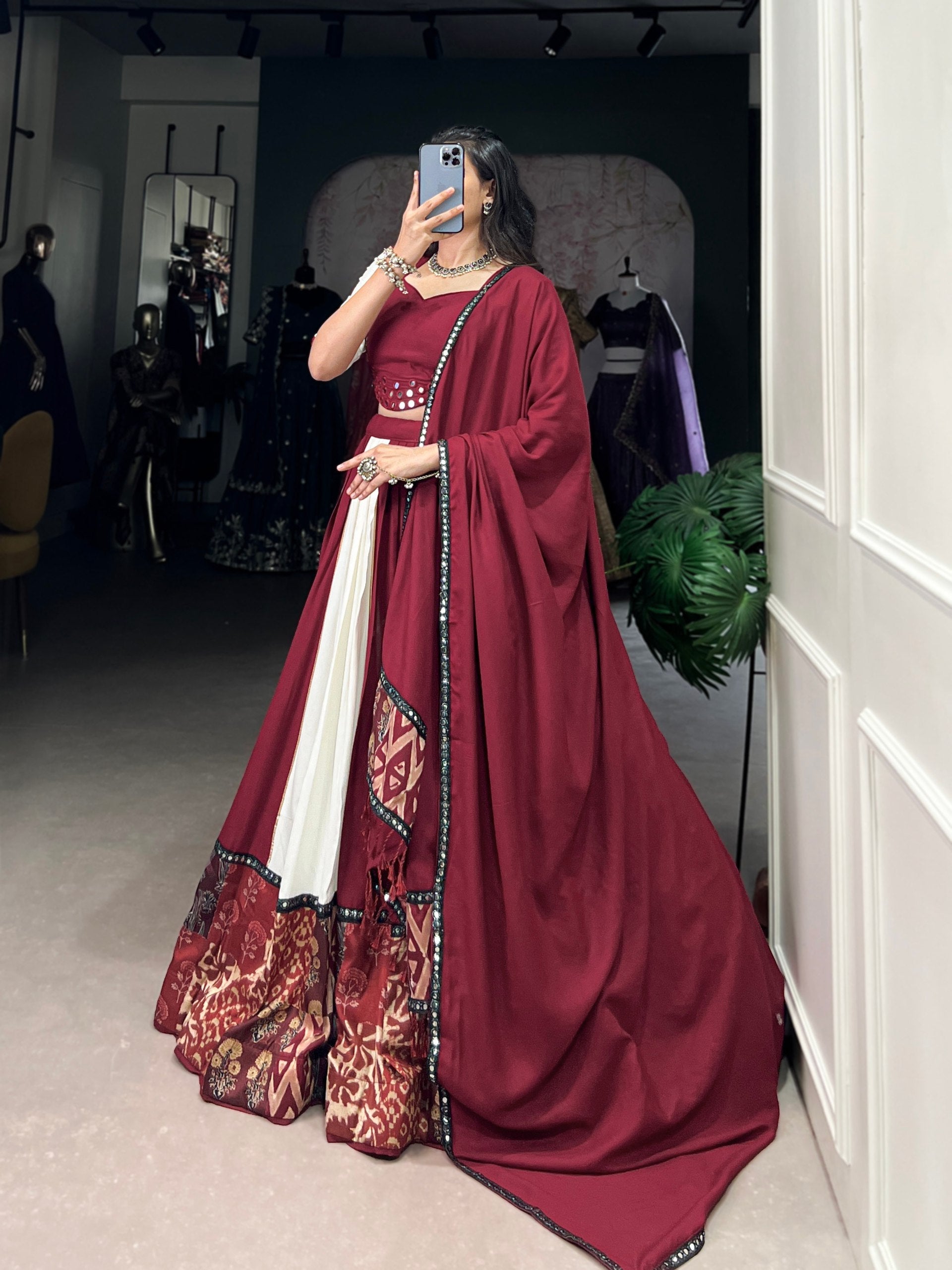 Pure Rayon Plain And Printed With Paper Mirror Work Lace Lehenga Choli