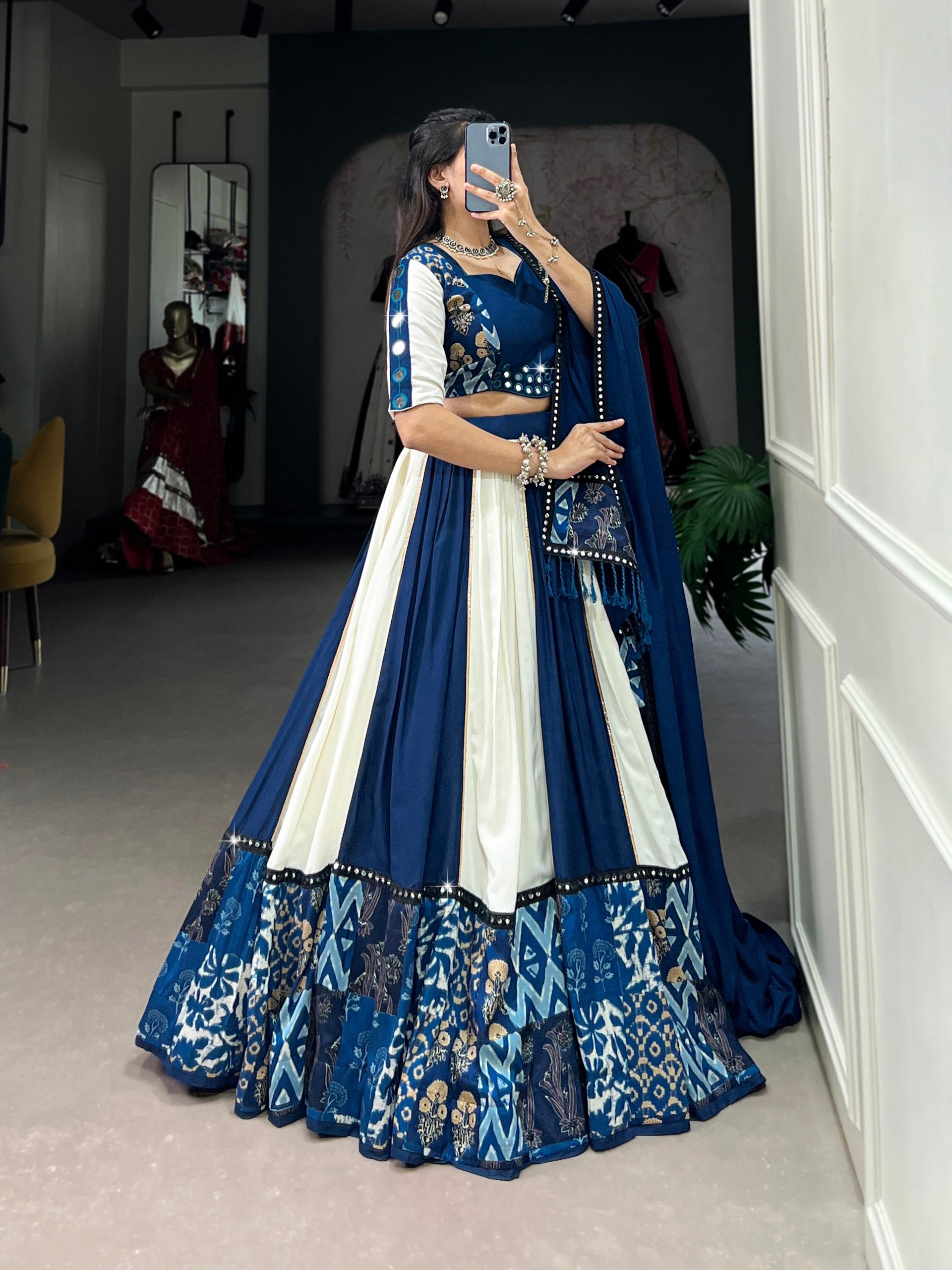 Pure Rayon Plain And Printed With Paper Mirror Work Lace Lehenga Choli