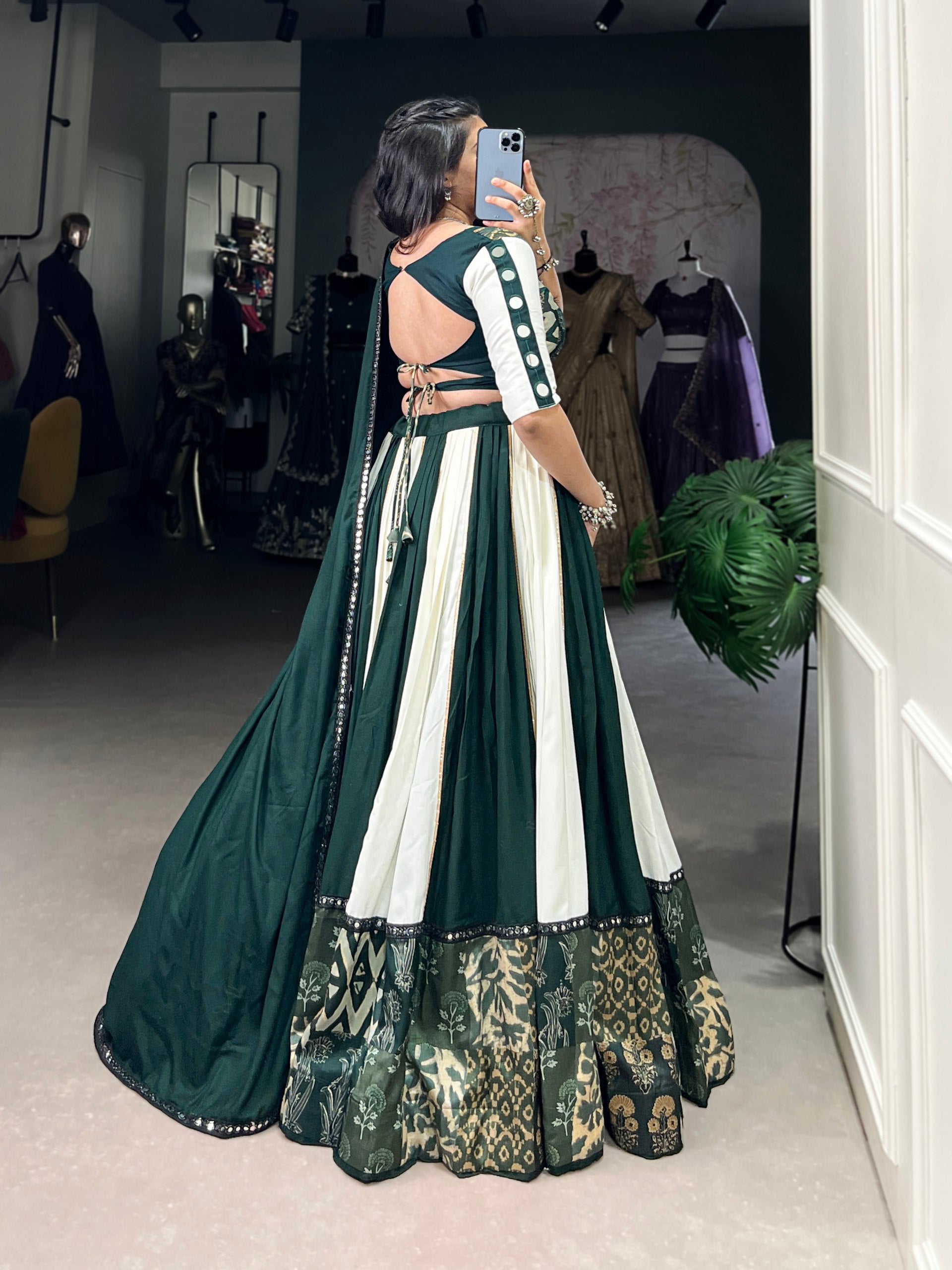 Pure Rayon Plain And Printed With Paper Mirror Work Lace Lehenga Choli