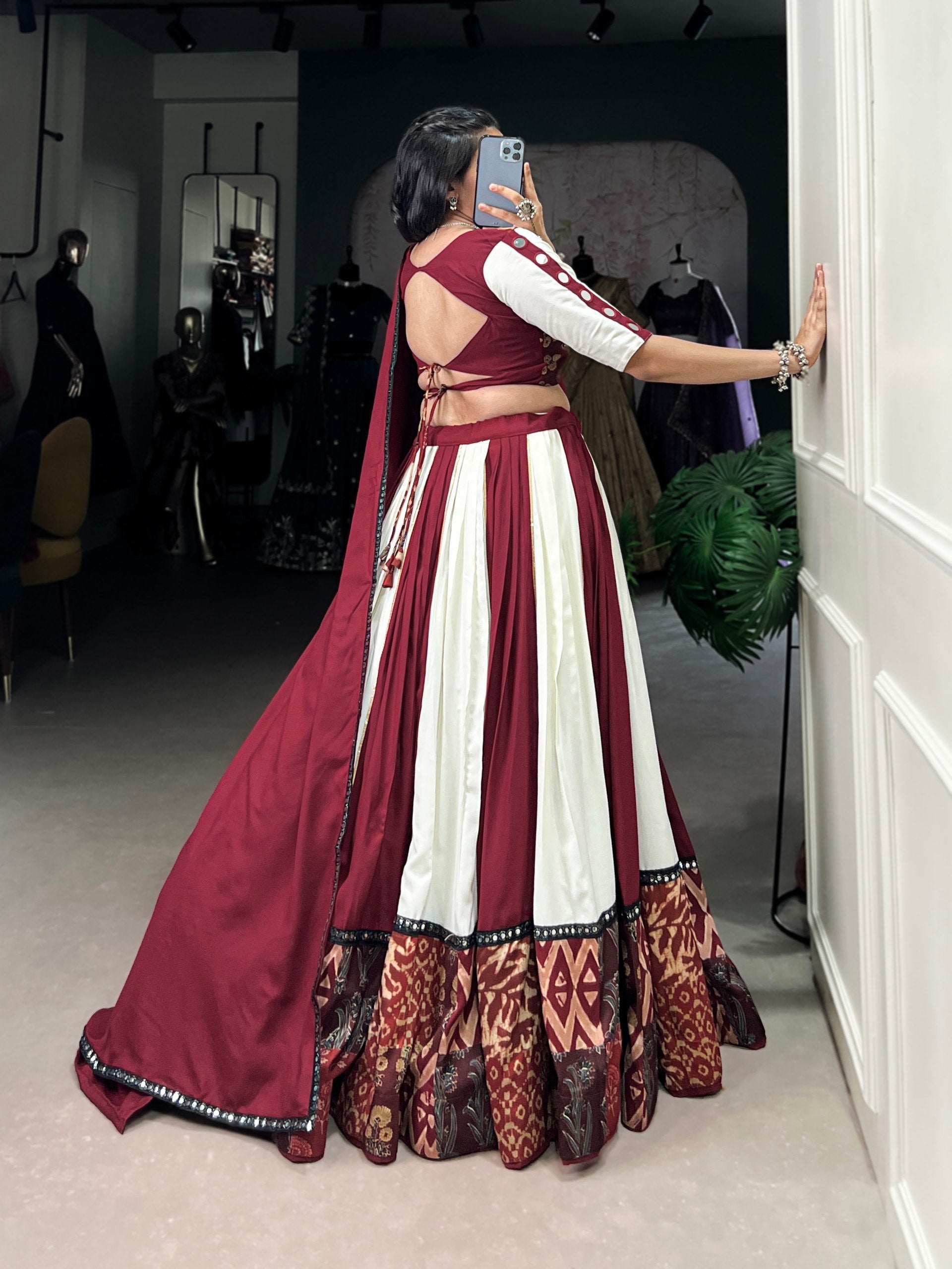 Pure Rayon Plain And Printed With Paper Mirror Work Lace Lehenga Choli