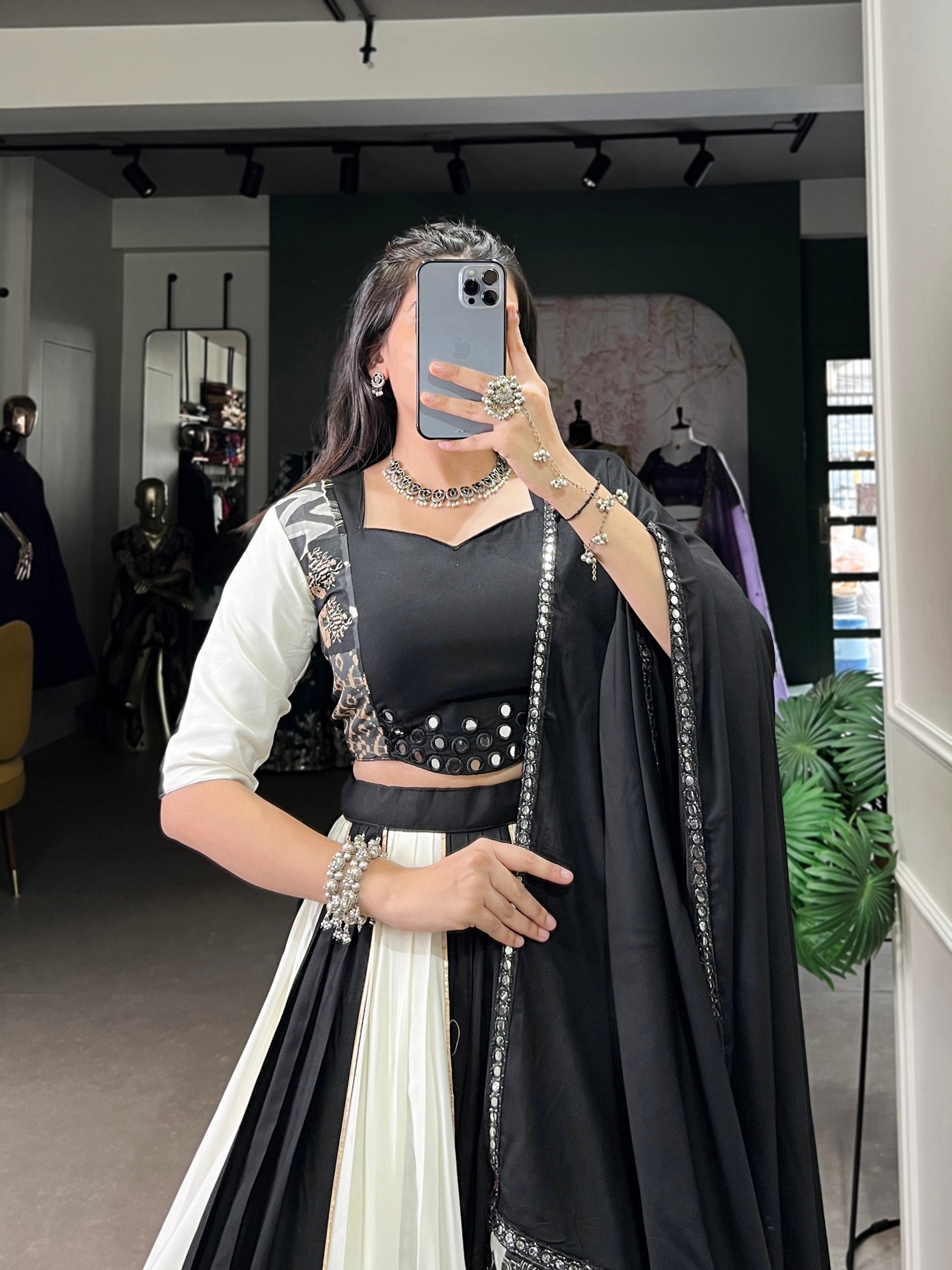 Pure Rayon Plain And Printed With Paper Mirror Work Lace Lehenga Choli
