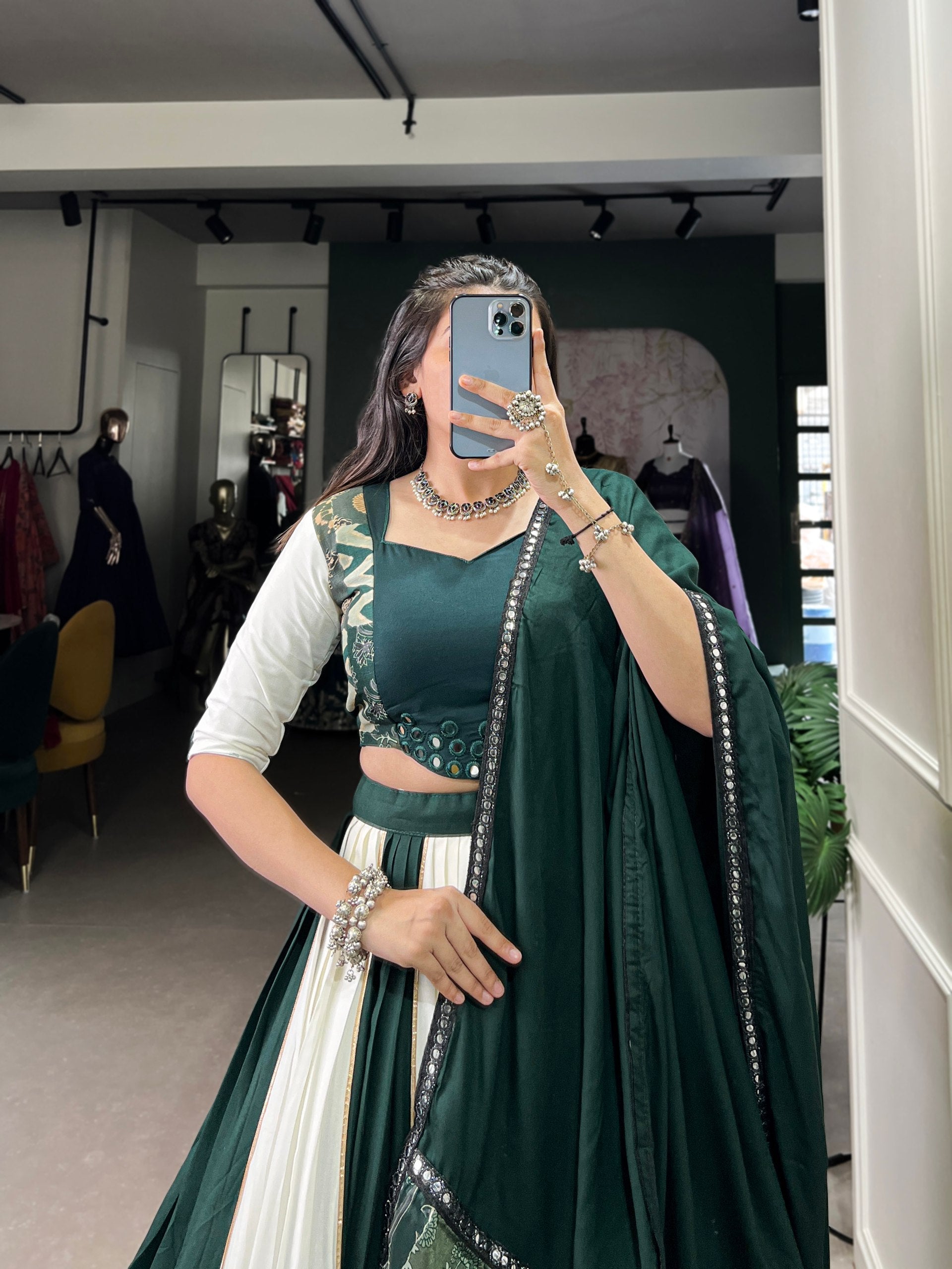 Pure Rayon Plain And Printed With Paper Mirror Work Lace Lehenga Choli