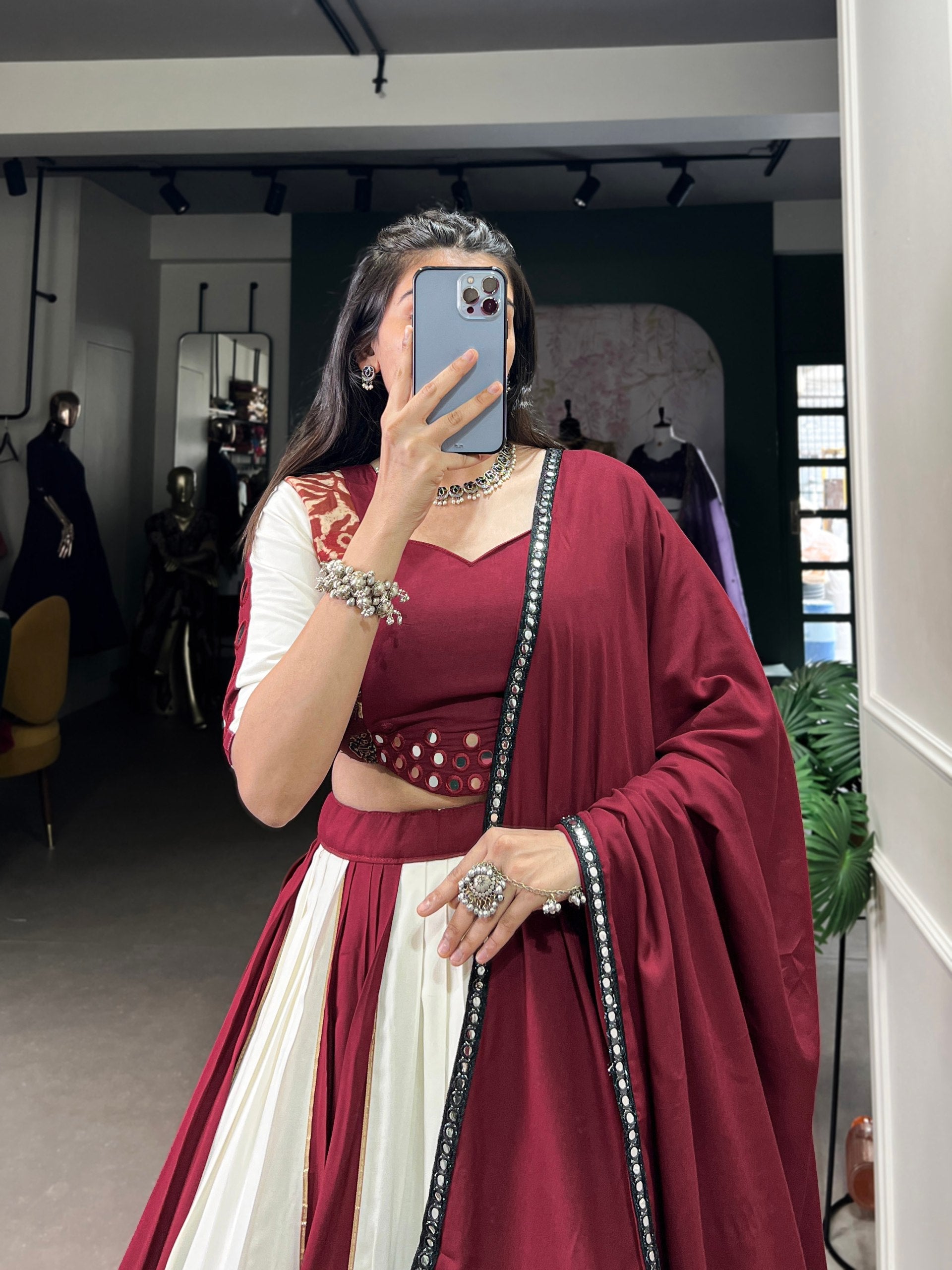 Pure Rayon Plain And Printed With Paper Mirror Work Lace Lehenga Choli