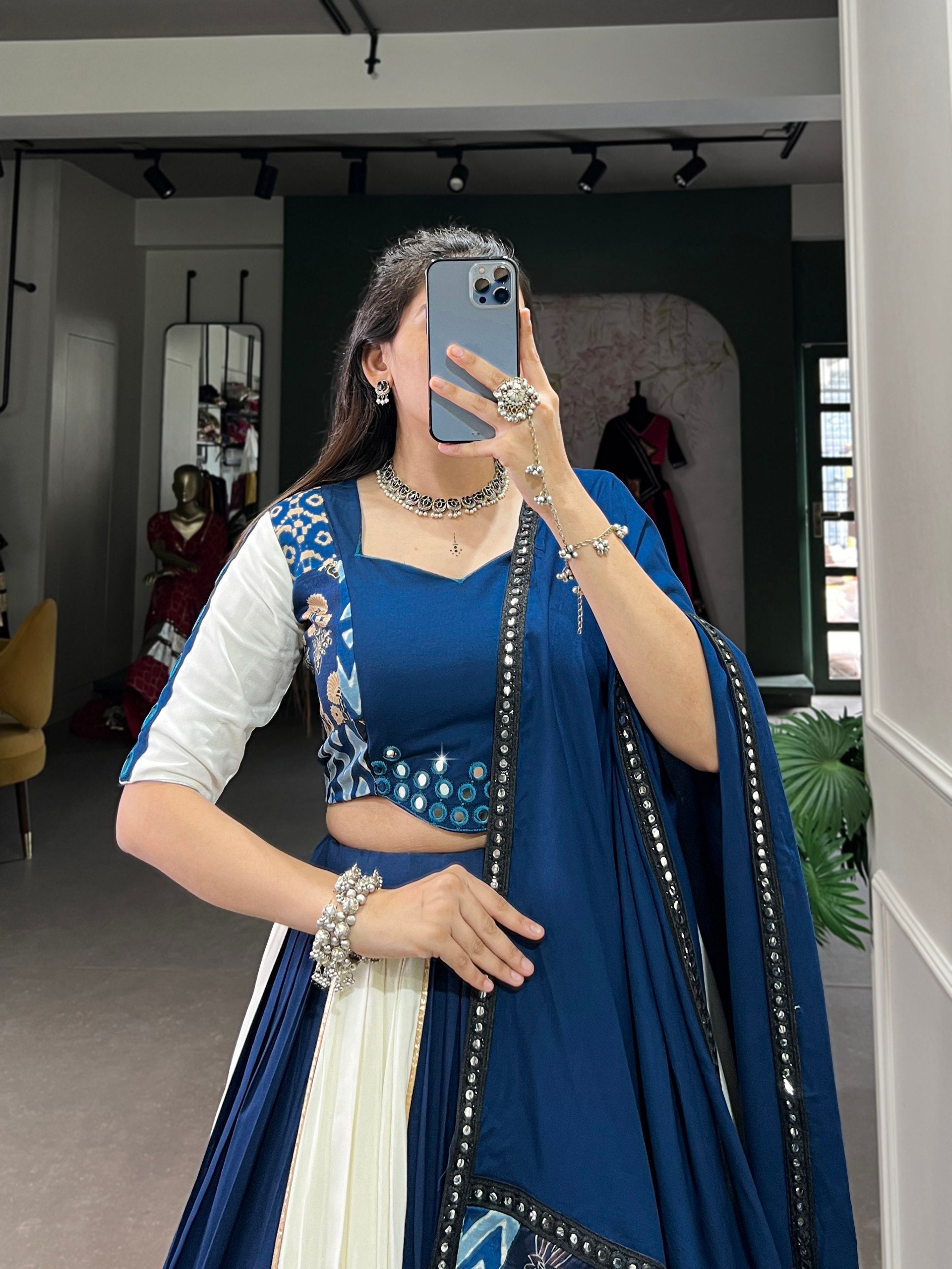 Pure Rayon Plain And Printed With Paper Mirror Work Lace Lehenga Choli