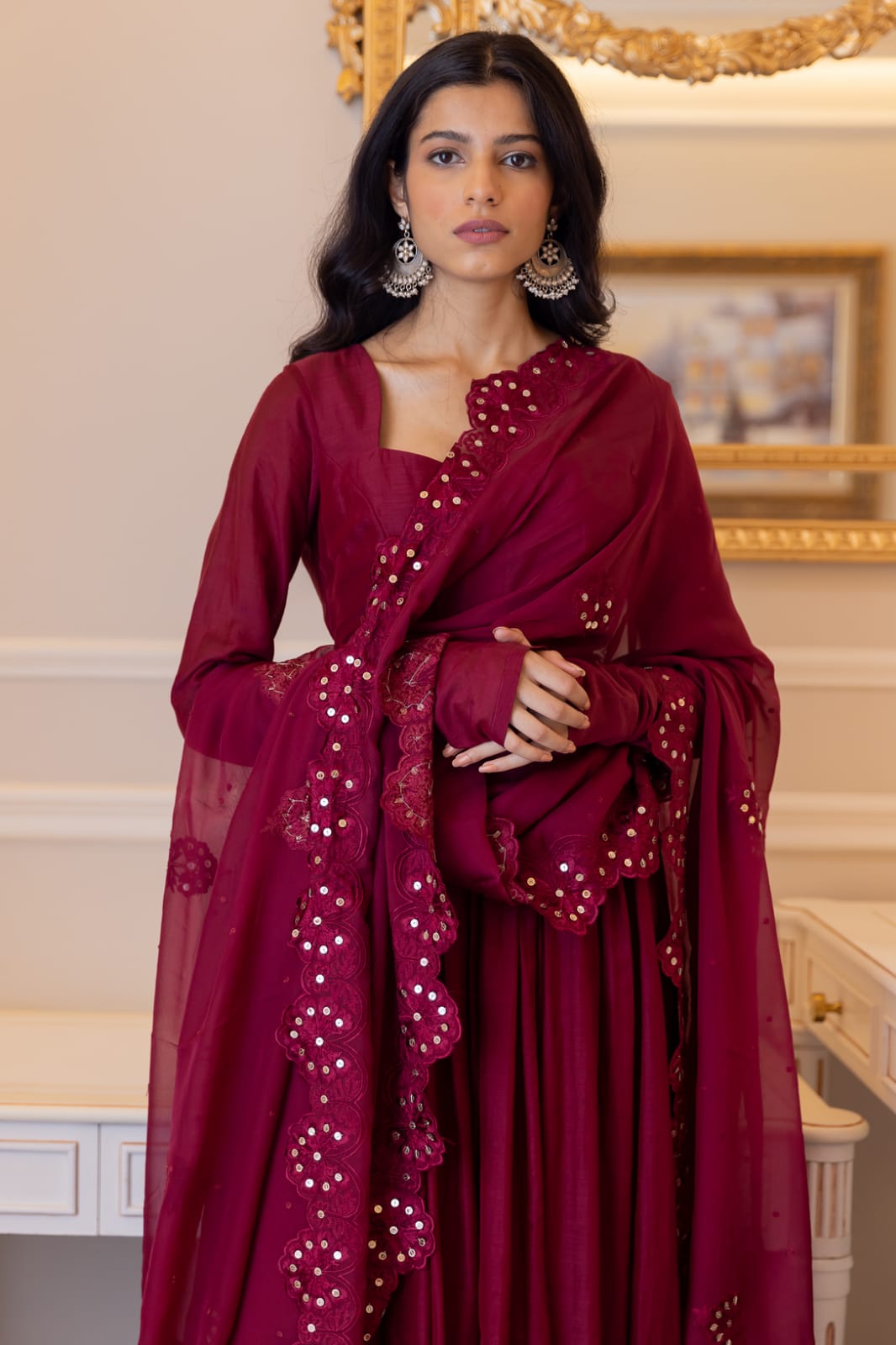 Designer maroon colour Georgette Gown With Dupatta And Plazzo
