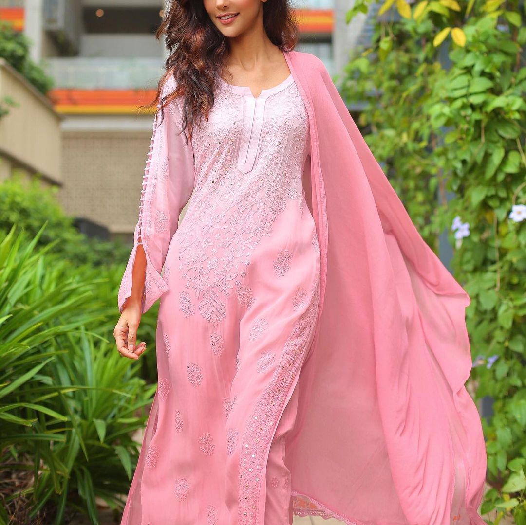 Pink Floral Embroidered & Mukaish Work Georgette Salwar Suit