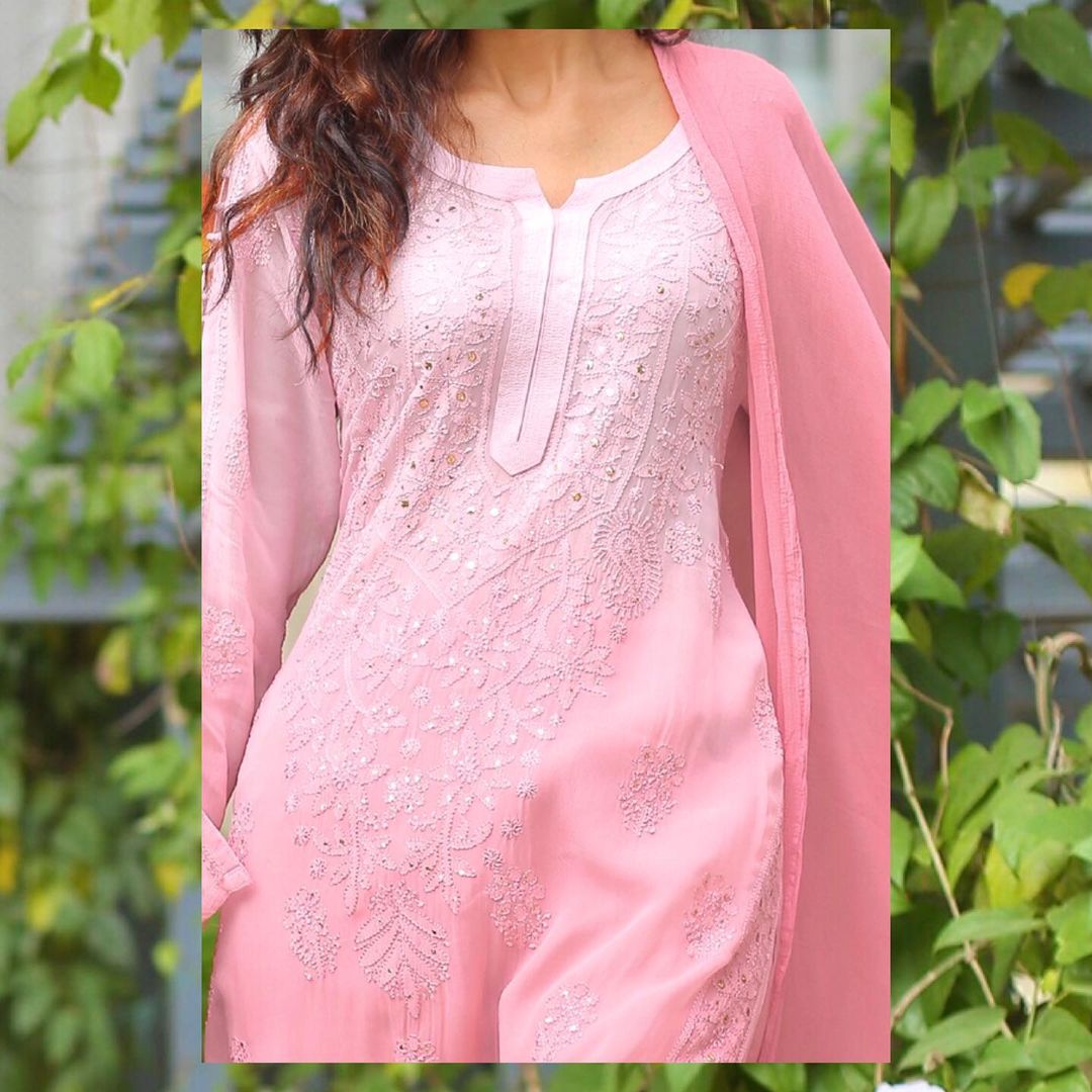 Pink Floral Embroidered & Mukaish Work Georgette Salwar Suit