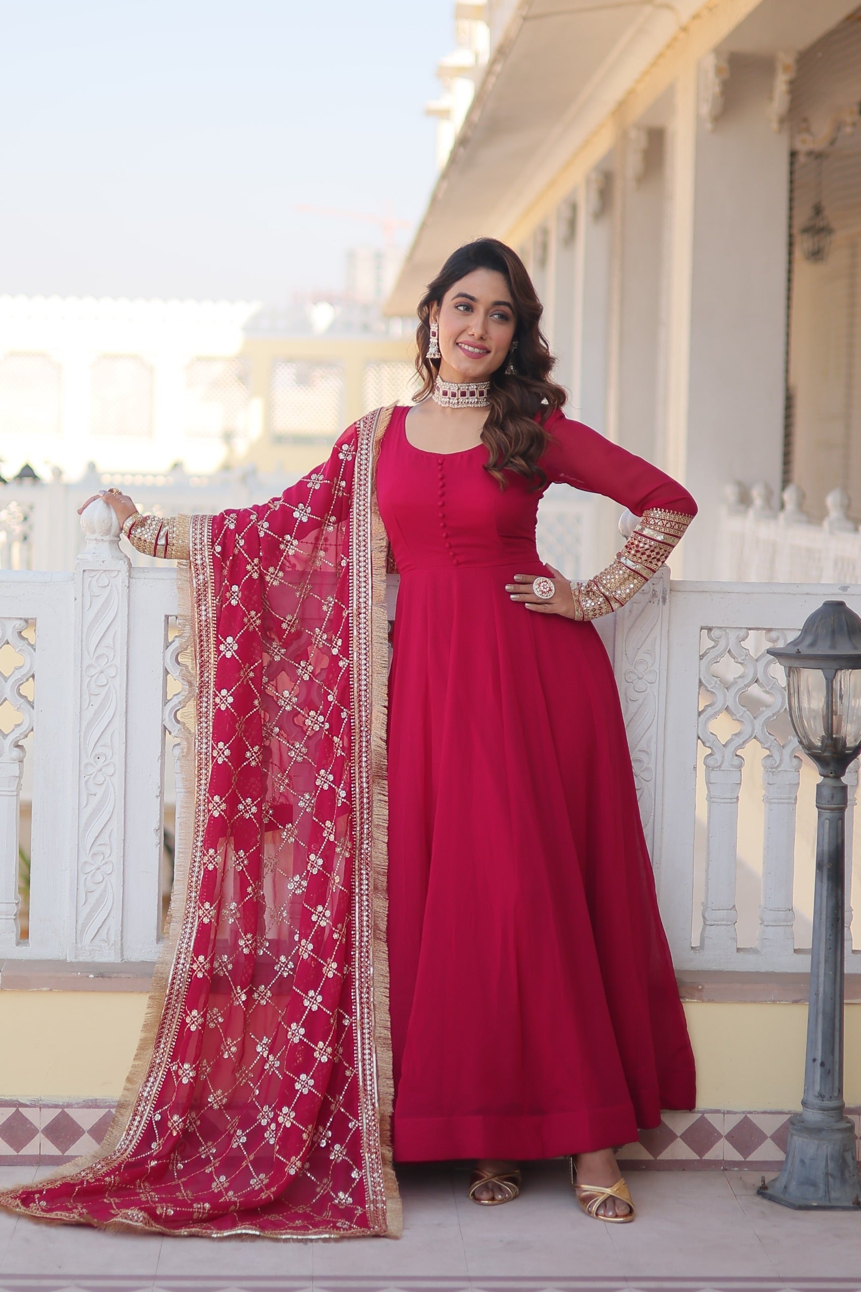 Faux Blooming Gown with Dupatta With Attractive Embroidered Sequins work with Lace Border.