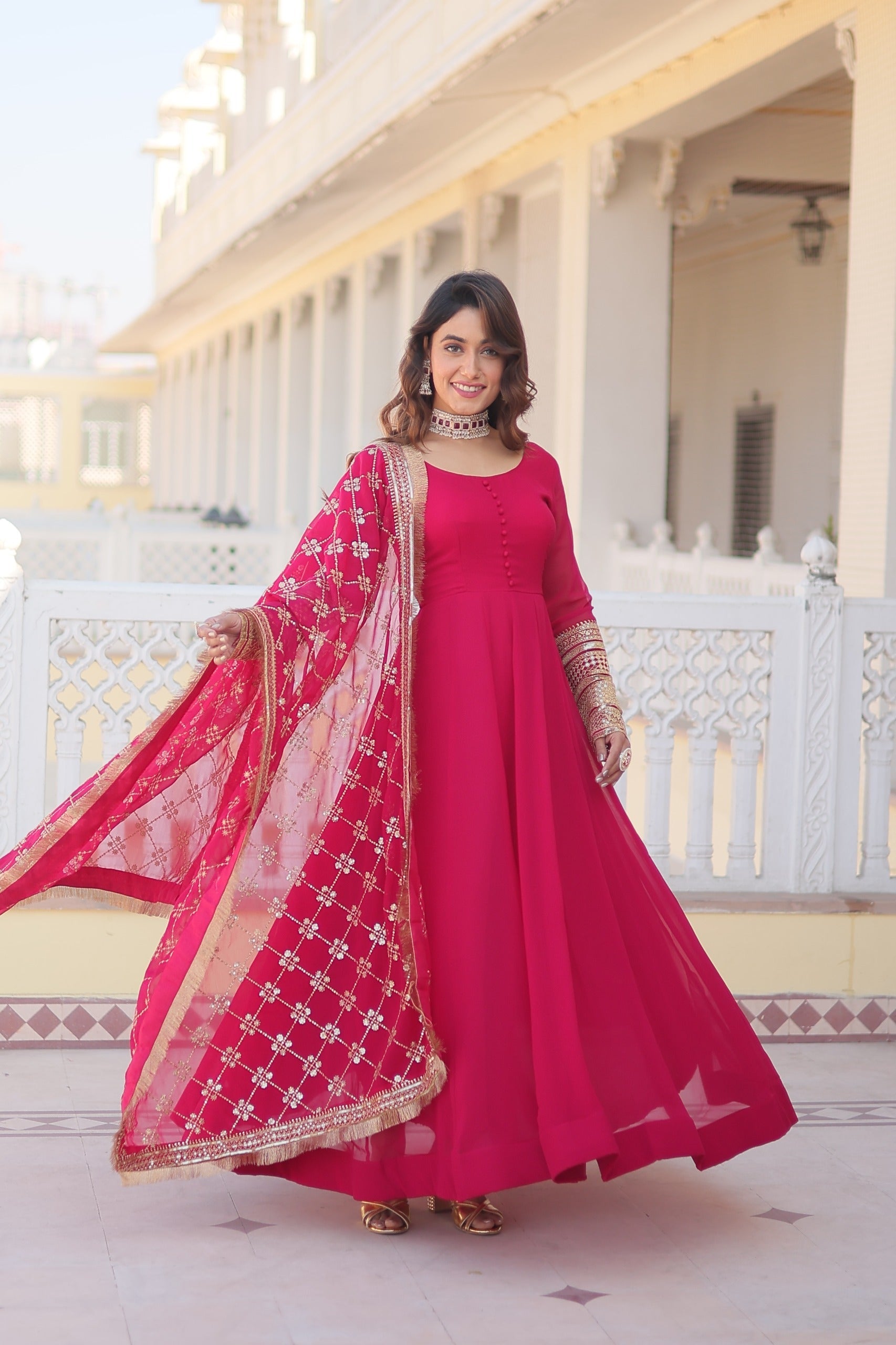 Faux Blooming Gown with Dupatta With Attractive Embroidered Sequins work with Lace Border.