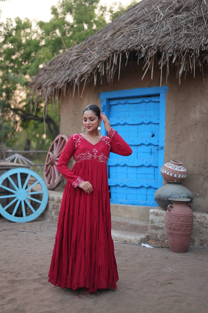 INCRADIBLE REAL MIRROR WORK RAYON FABRIC ANARKALI GOWN