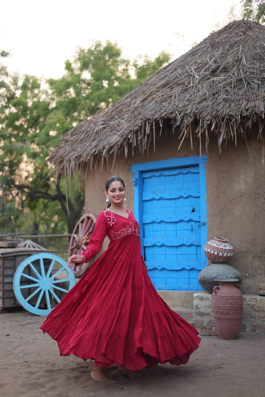 INCRADIBLE REAL MIRROR WORK RAYON FABRIC ANARKALI GOWN