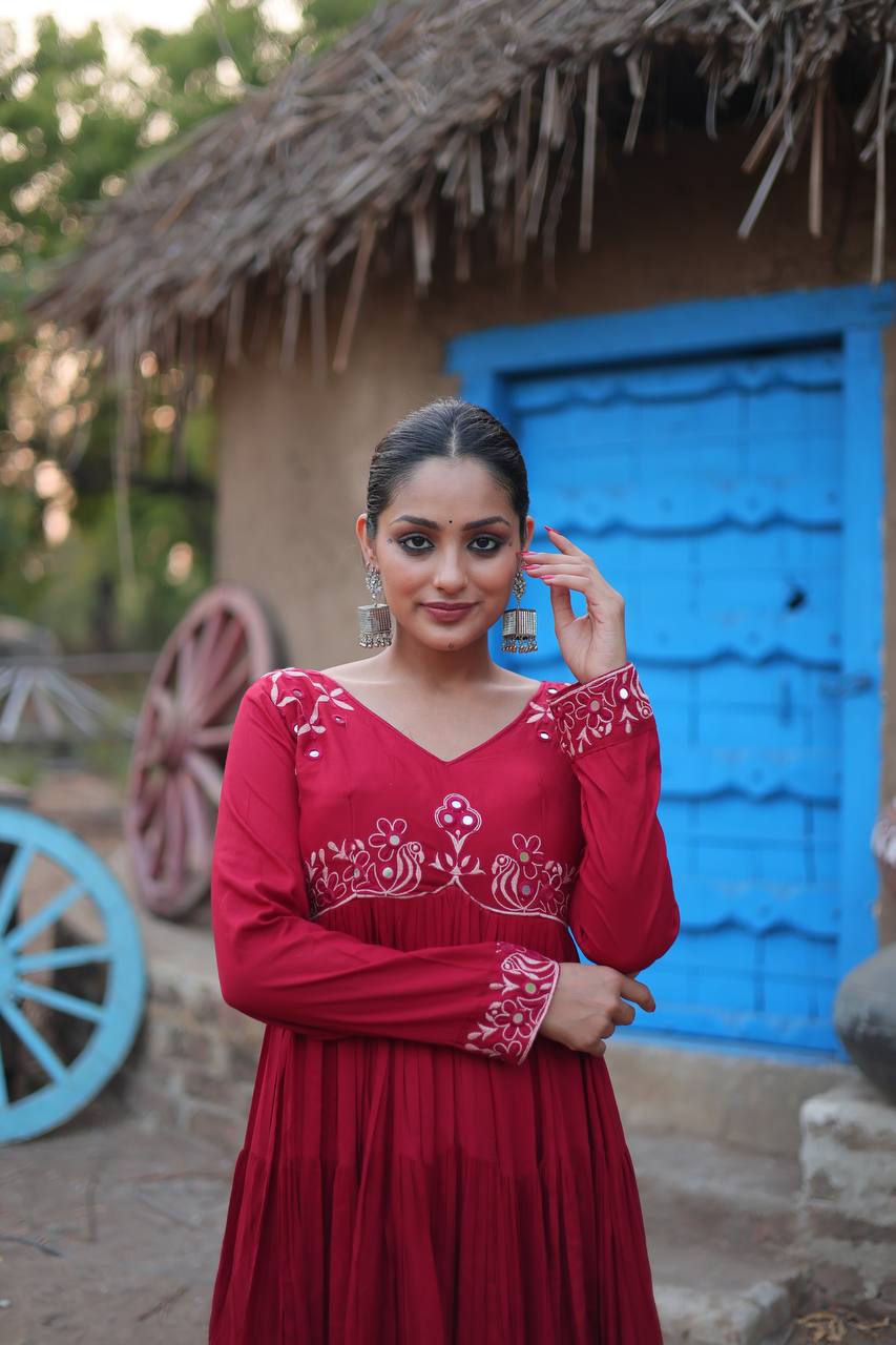 INCRADIBLE REAL MIRROR WORK RAYON FABRIC ANARKALI GOWN