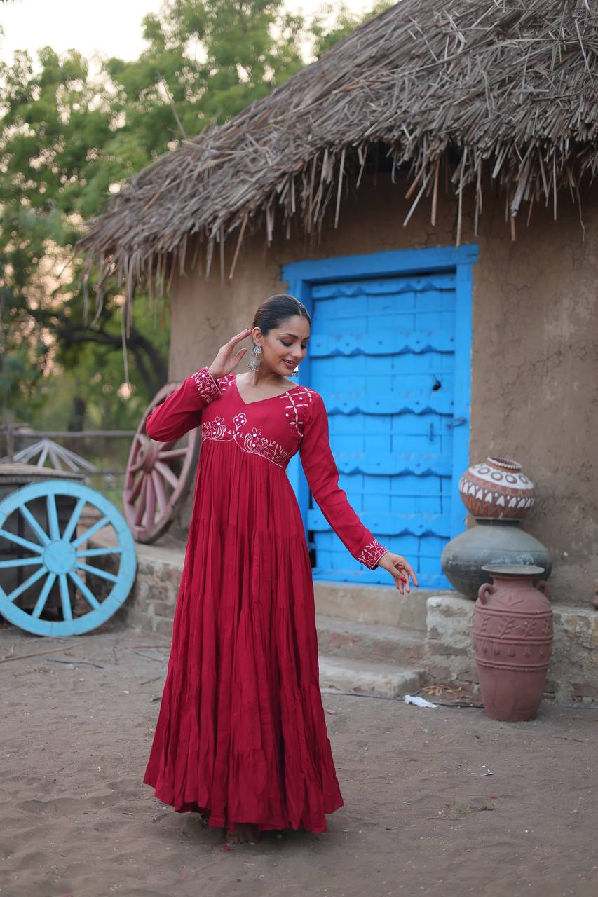 INCRADIBLE REAL MIRROR WORK RAYON FABRIC ANARKALI GOWN