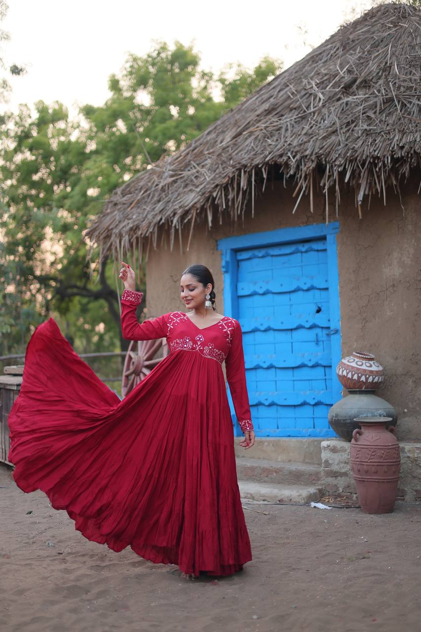 INCRADIBLE REAL MIRROR WORK RAYON FABRIC ANARKALI GOWN