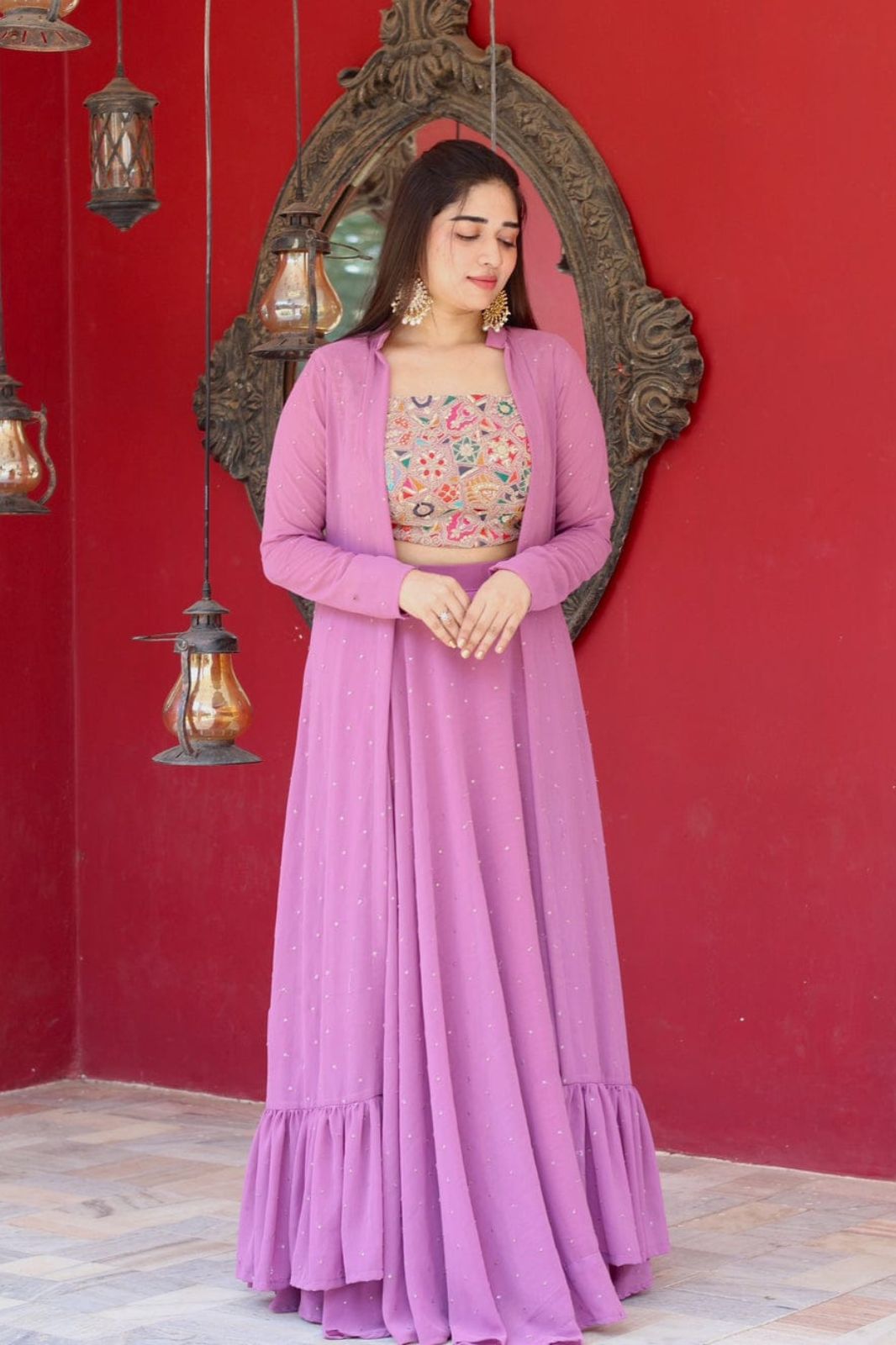 Long frock suit with shrug best sale