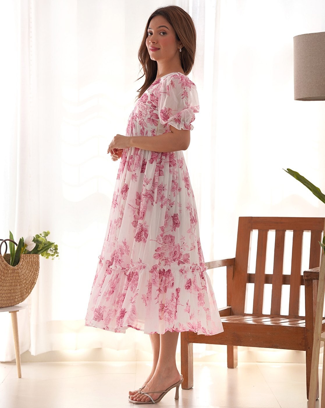 Floral Printed Puff Sleeves Gathered Tiered Georgette Fit & Flare Midi Dress