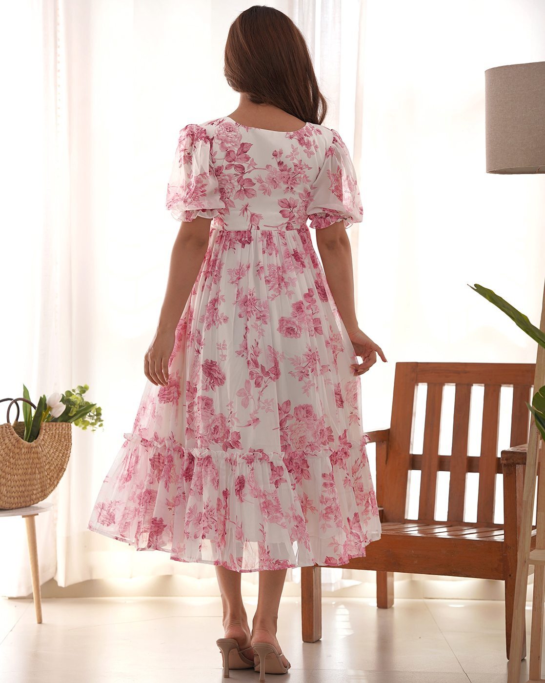 Floral Printed Puff Sleeves Gathered Tiered Georgette Fit & Flare Midi Dress