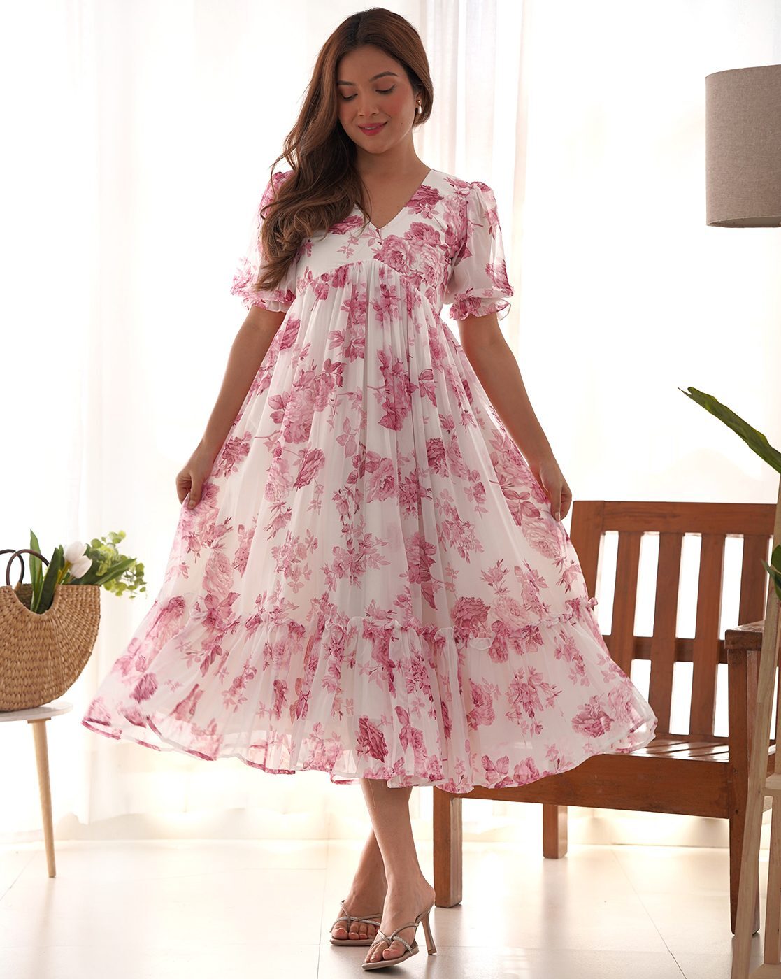 Floral Printed Puff Sleeves Gathered Tiered Georgette Fit & Flare Midi Dress