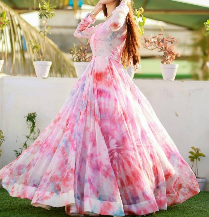 Rose Pink Digital Printed Georgette Anarkali  Gown
