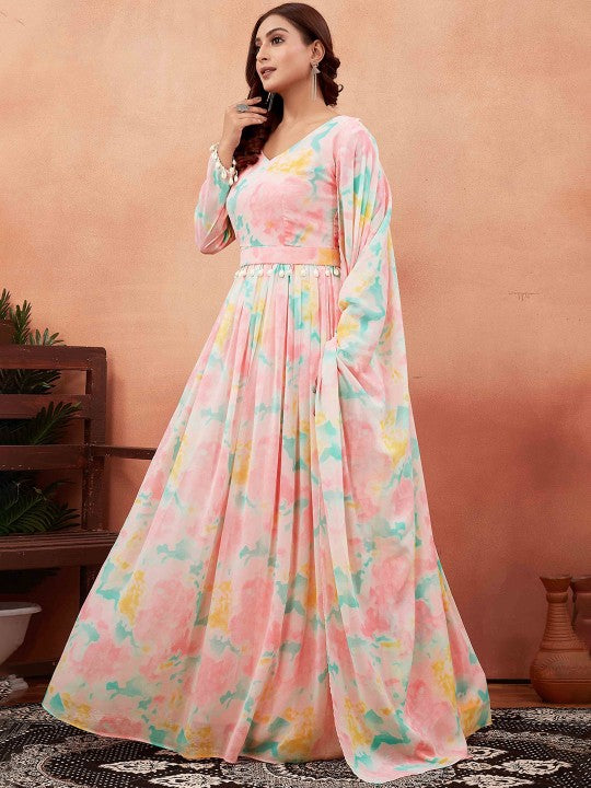 Printed Georgette Ethnic Gown with Dupatta & Belt