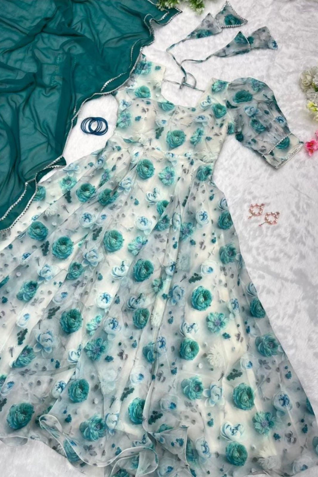 Organza Silk Party Wear Green Gown With Dupatta