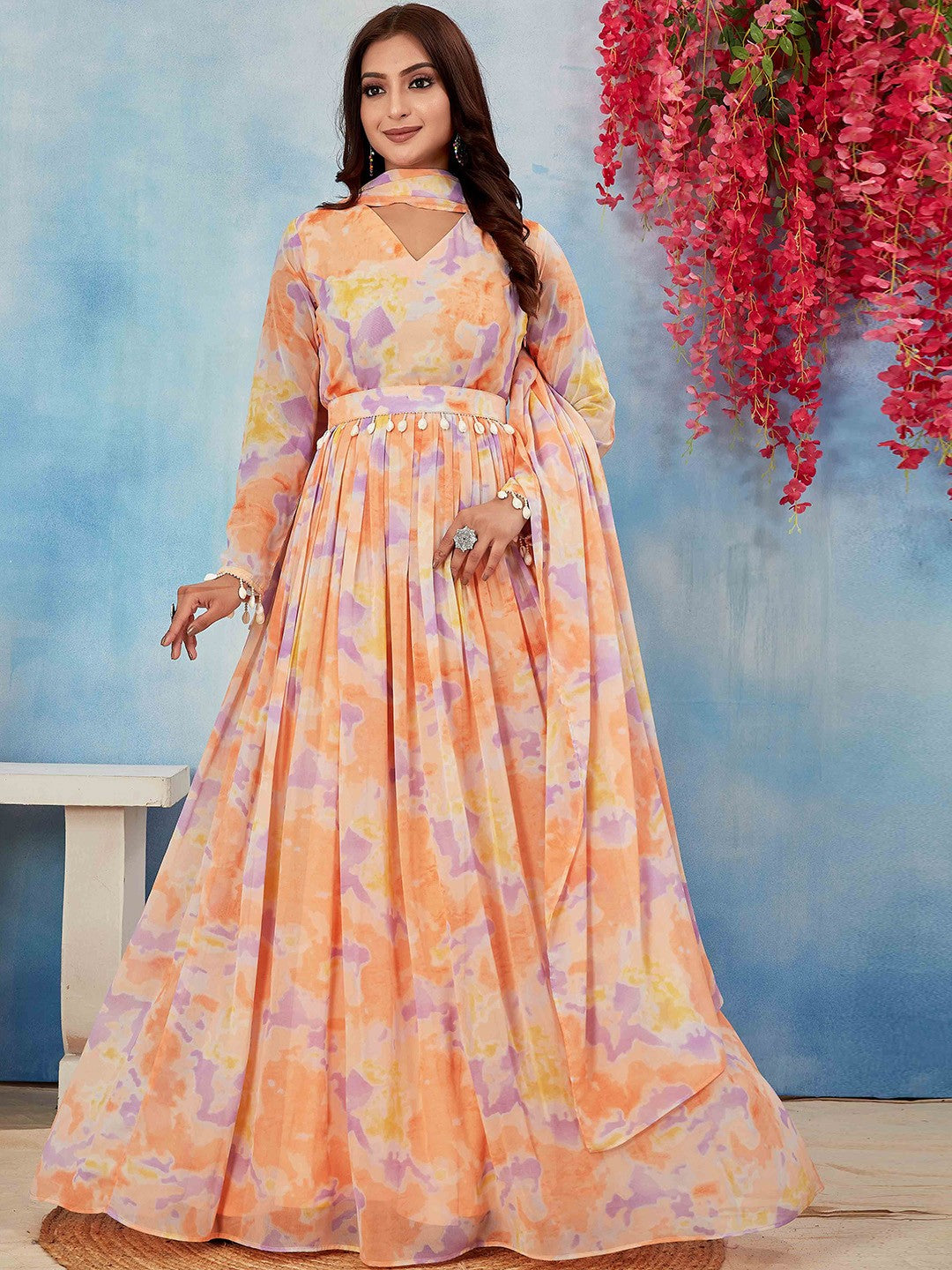 Printed Georgette Ethnic Gown with Dupatta & Belt