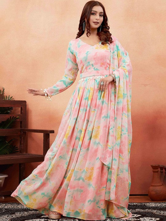 Printed Georgette Ethnic Gown with Dupatta & Belt