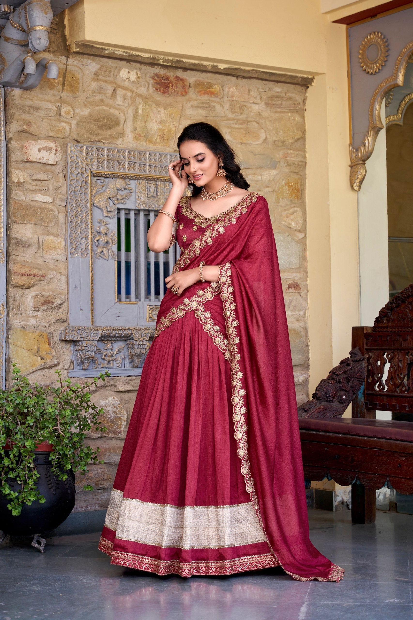 Embroidery Work With Border Lace Lehenga Choli Set