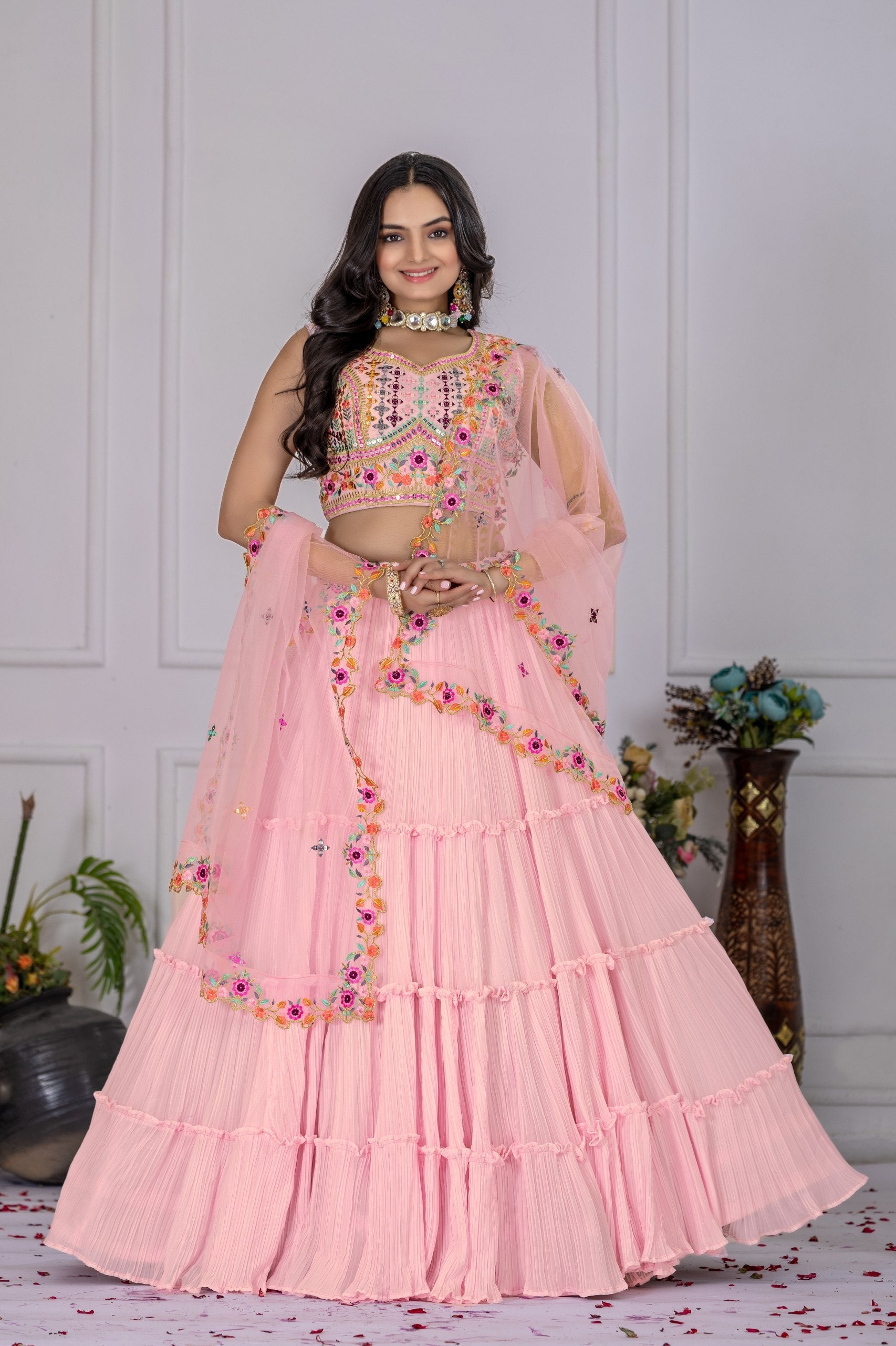 Pink Color Star Fox Georgette with crease work lehenga Choli