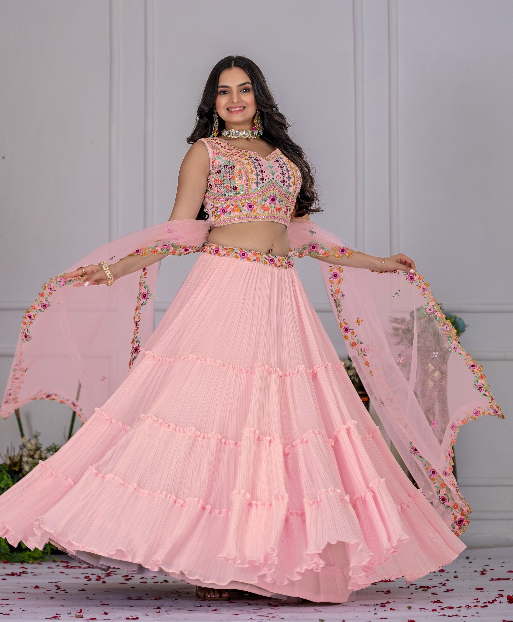 Pink Color Star Fox Georgette with crease work lehenga Choli