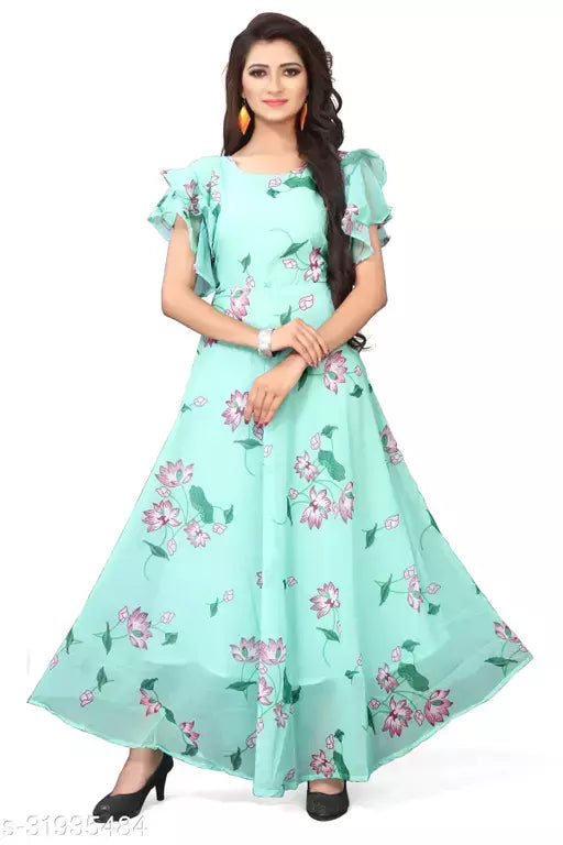 Marvellous Moss Green Colored Partywear Digital Printed Pure Georgette Gown