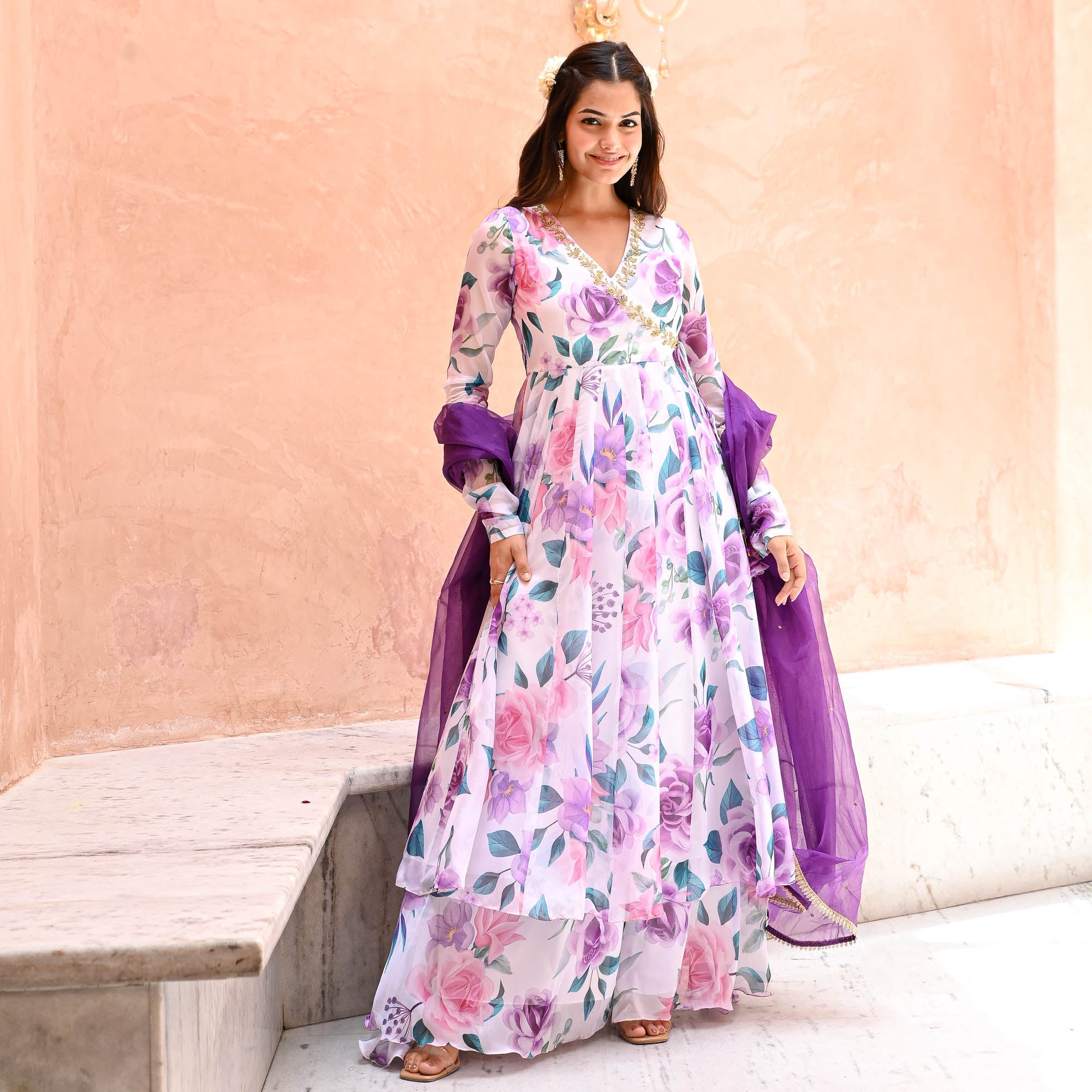 designer stylish digital printed anarkali dress with dupatta for function wear