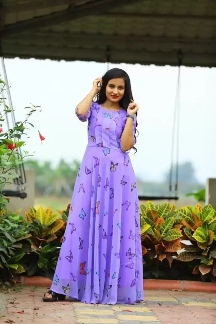Amazing Purple Colored Party Wear Digital Printed Anarkali Style Gown