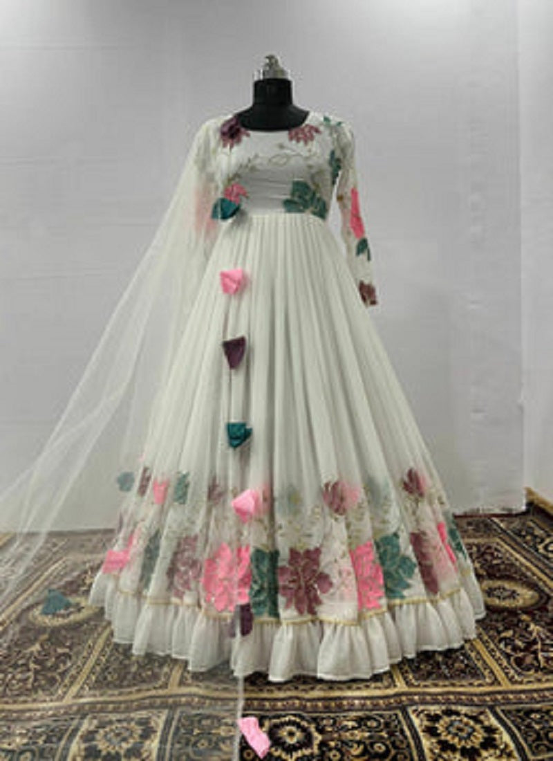 White Partywear Sequins Embroidered Georgette Anarkali Gown With Dupatta