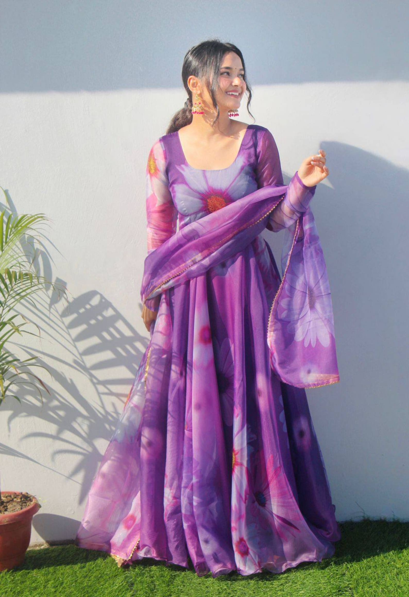 Premium Indian Designer Floral Silk Anarkali Suit with Dupatta Set, Beautiful Georgette Purple Anarkali Suit for Women, Bridesmaid Anarkali
