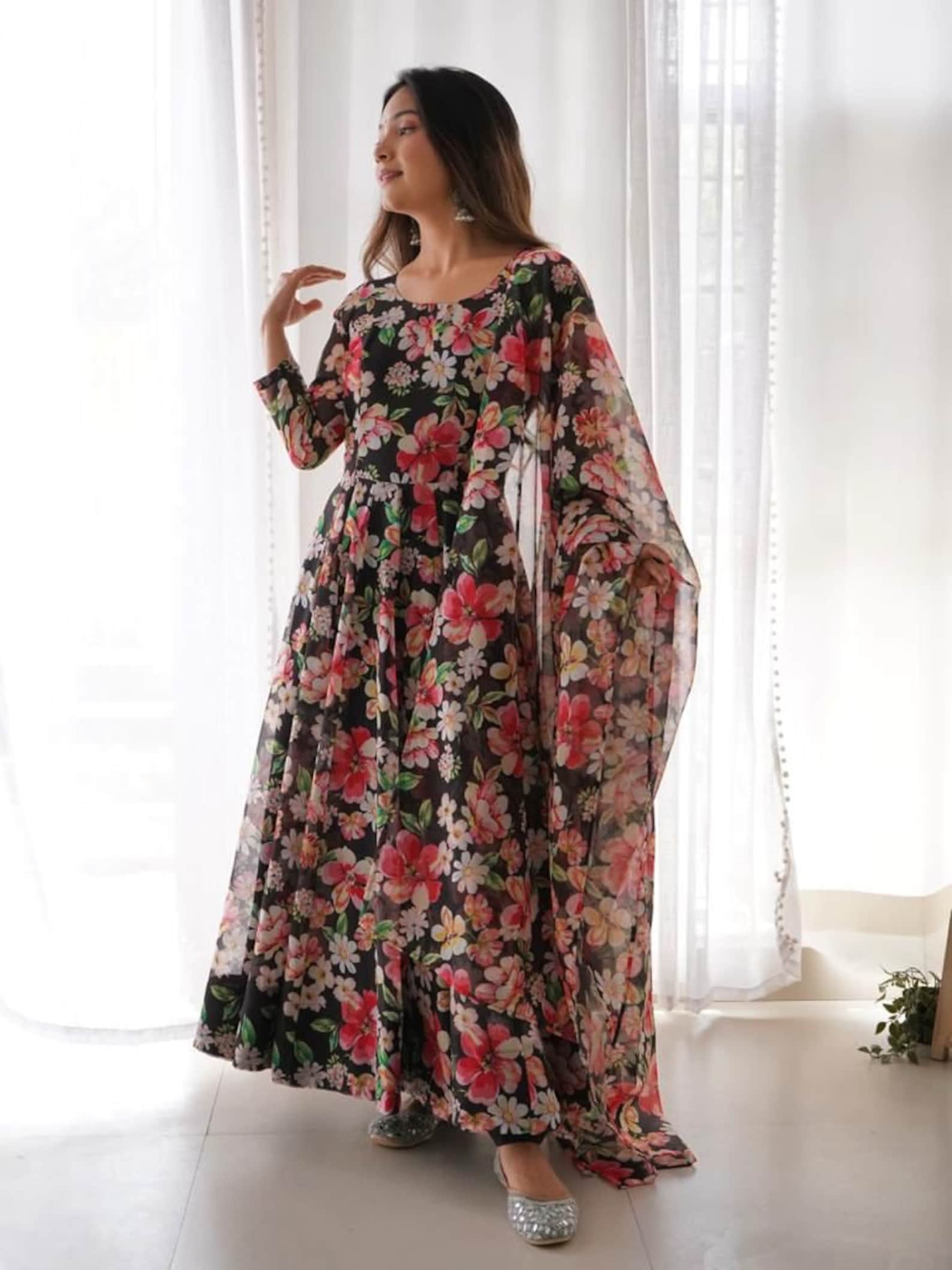 Beautiful Designer Floral Print Full Flared Anarkali Long Kurti with Dupatta Set, 2Pc Readymade Fullystitched , Beautiful Anarkali Set